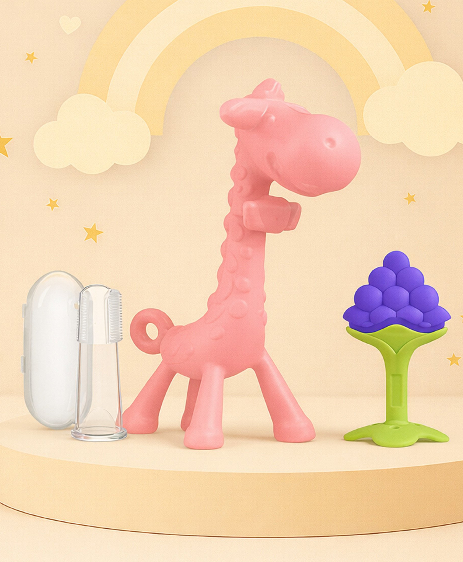 The Cheeky Kidzz Baby Soft Silicone Giraffe Teether With Fruit Shape Molar Teething Toy And Finger Brush BPA Free For 6 to 12 Months Babies (Pink,Grapes,White)-image-17