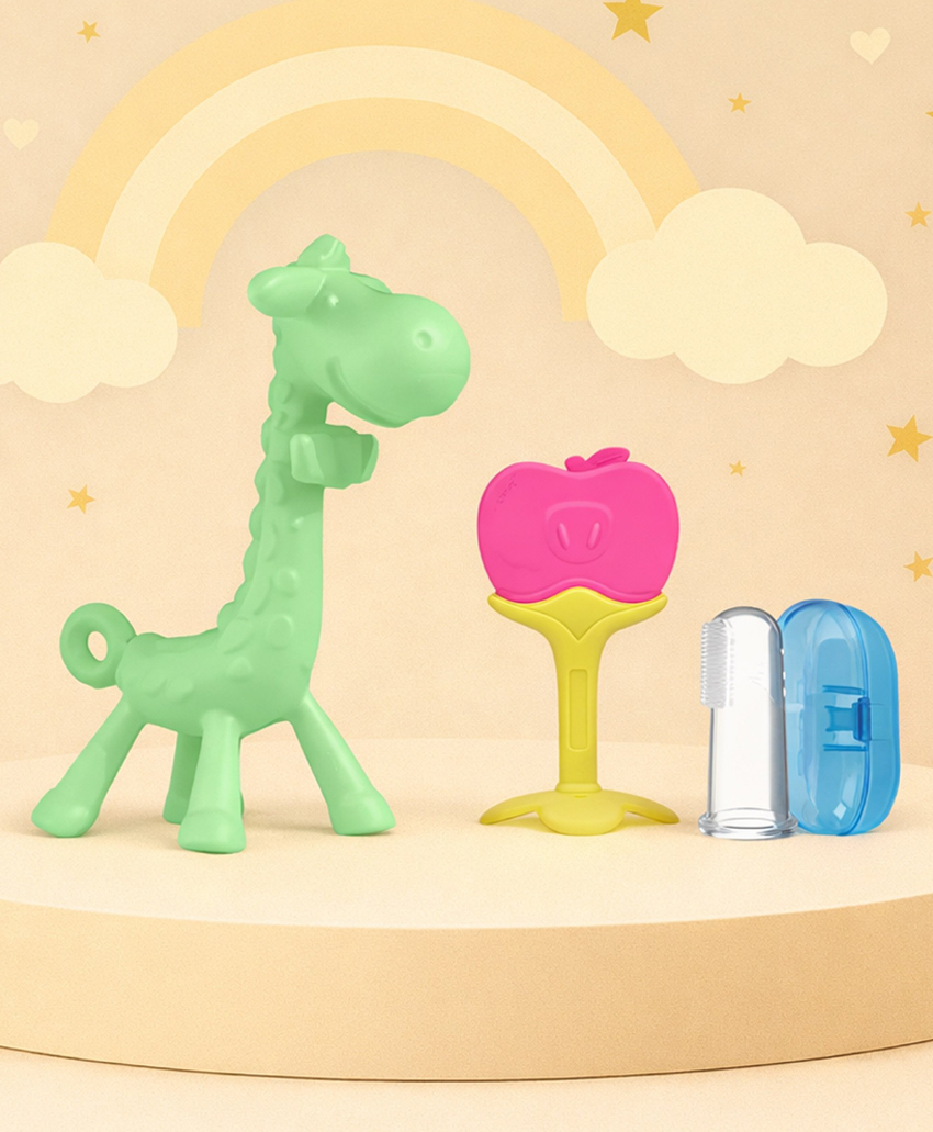 The Cheeky Kidzz Baby Soft Silicone Giraffe Teether With Fruit Shape Molar Teething Toy And Finger Brush BPA Free For 6 to 12 Months Babies-image-43