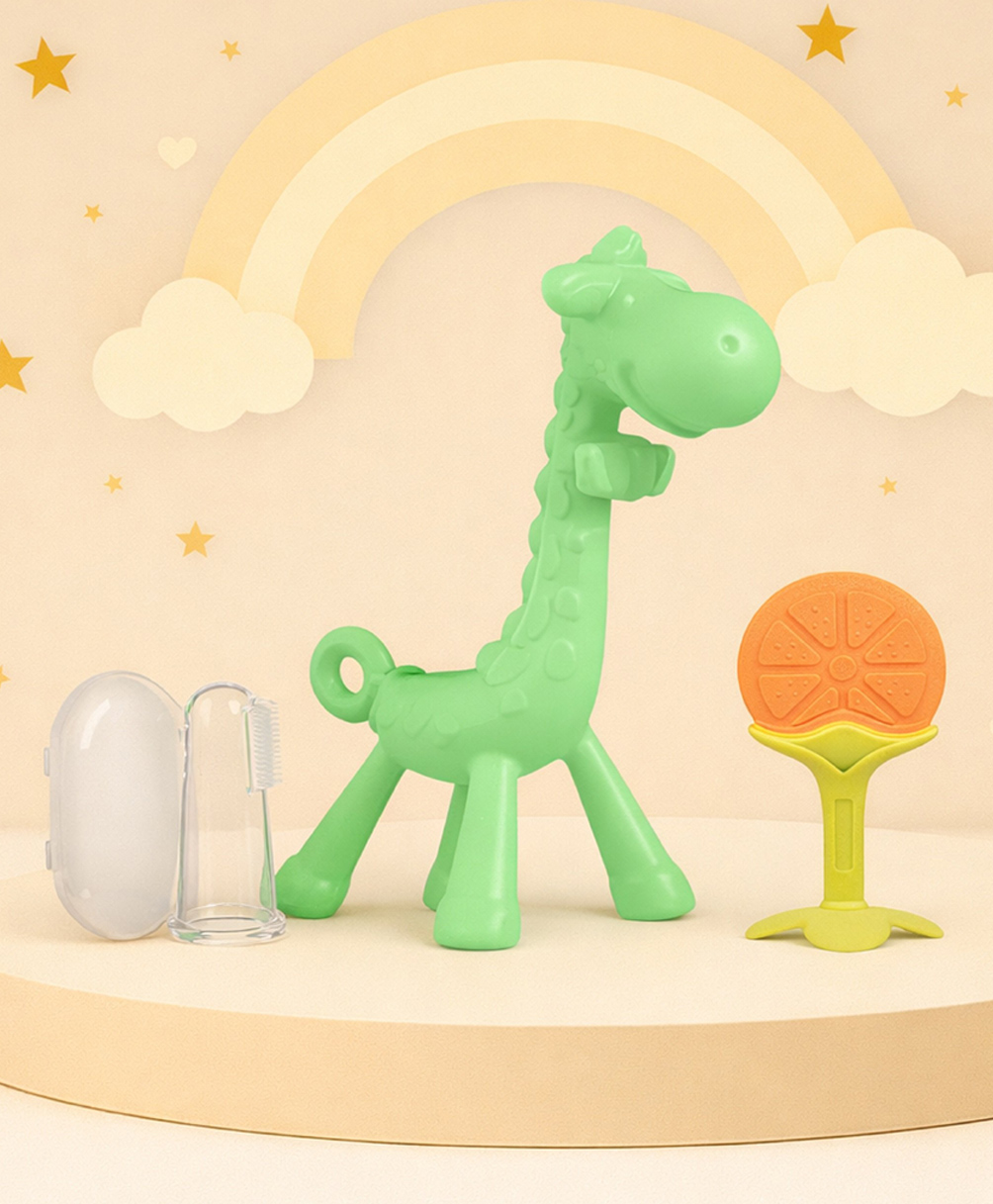 The Cheeky Kidzz Baby Soft Silicone Giraffe Teether With Fruit Shape Molar Teething Toy And Finger Brush BPA Free For 6 to 12 Months Babies-image-46