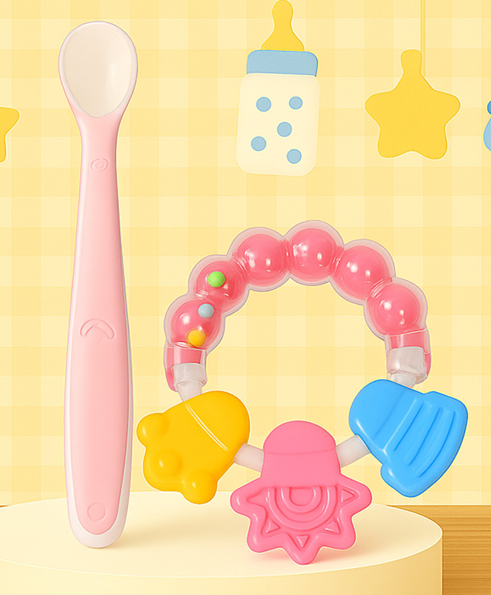The Cheeky Kidzz Baby Ultra-Soft Food-Grade Silicone Spoon With Ring Shape Baby Rattle Teething Toy For Babies BPA Free (PINK)-image-46