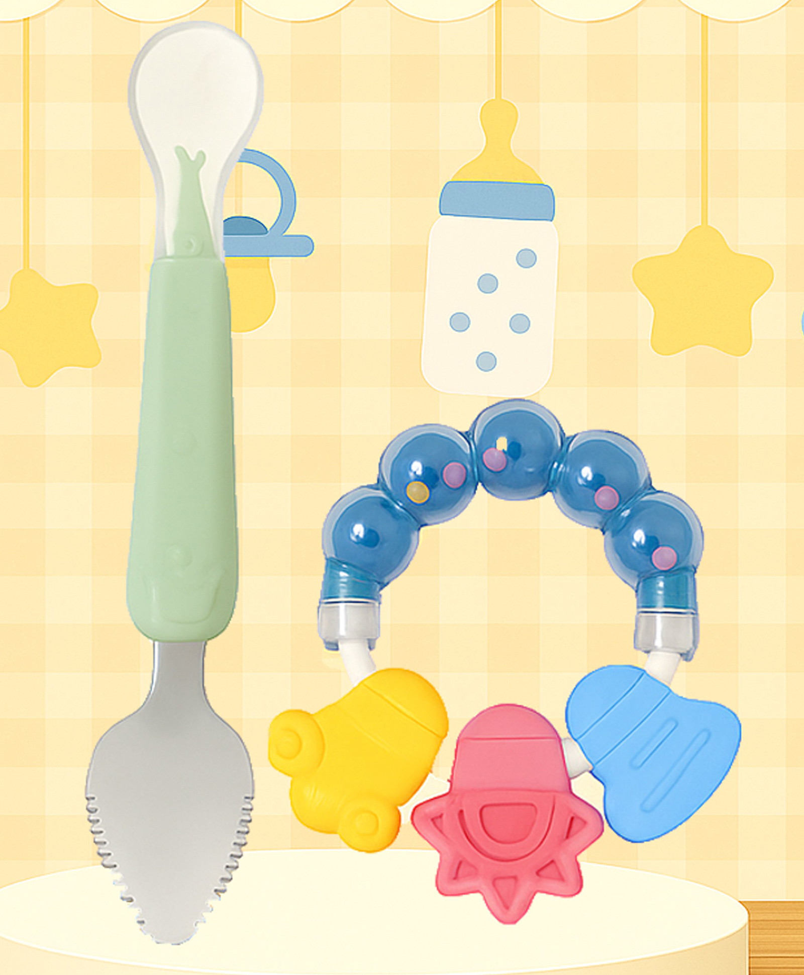 The Cheeky Kidzz Double Head Bendable Silicone & Stainless Steel Scraping Mud Spoon With Ring Shape Baby Rattle Teething BPA Free (ASSORTED)-image-48