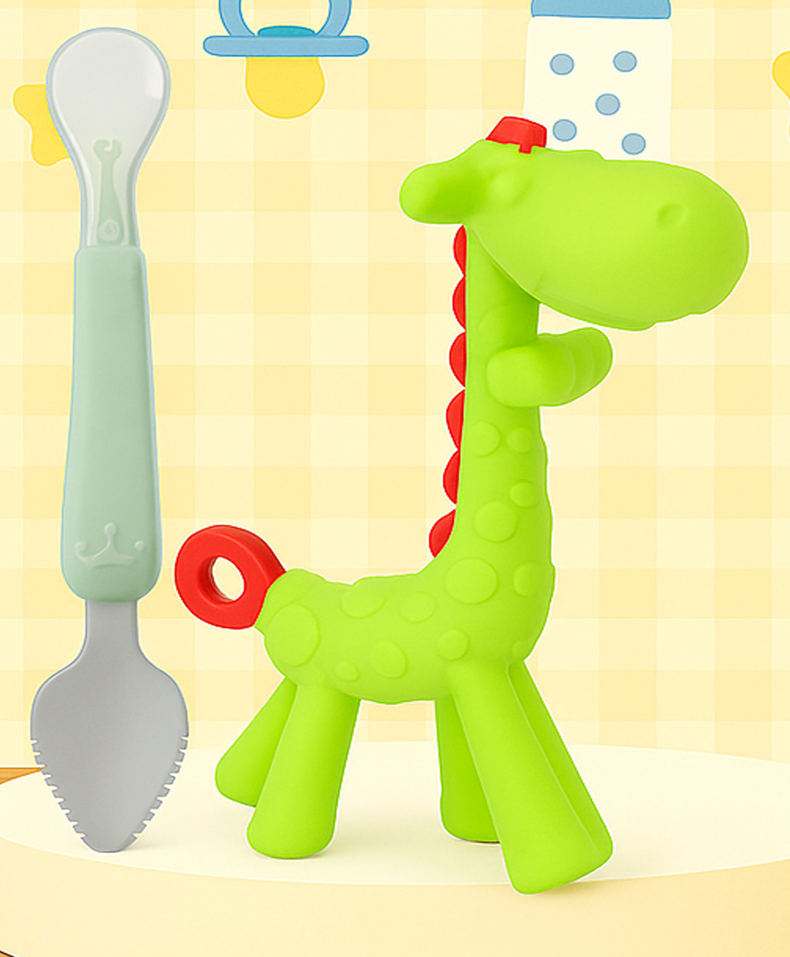 The Cheeky Kidzz Double Head Bendable Silicone & Stainless Steel Scraping Mud Spoon With Soft Silicone Giraffe Shape Molar Teething BPA Free (ASSORTED COLOURS)-image-21