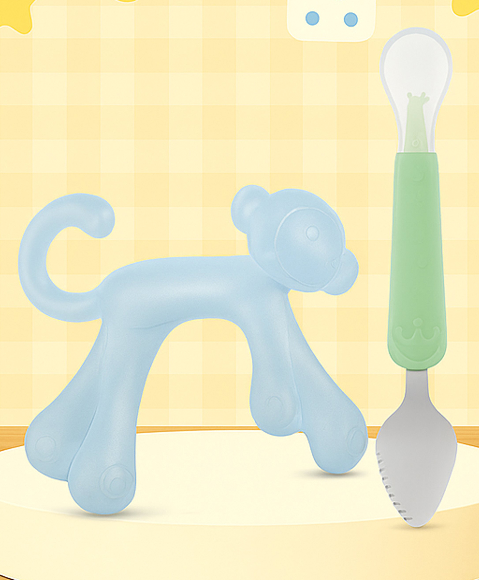 The Cheeky Kidzz Double Head Bendable Silicone Spoon & Stainless Steel Scraping Mud Spoon With Soft Silicone Monkey Shape Teething Toy Designed For Gum Relief And Oral Dental Care-image-7