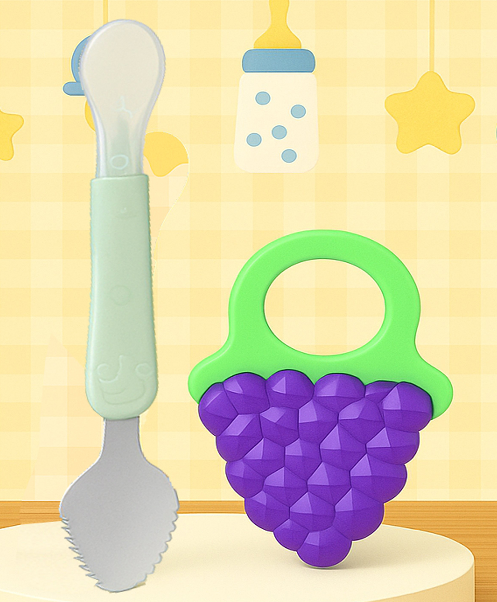 The Cheeky Kidzz Double Head Bendable Silicone Spoon & Stainless Steel Scraping Mud Spoon With Soft Silicone Grapes Shape Molar Teething Toy Designed For Gum Relief For Babies-image-43
