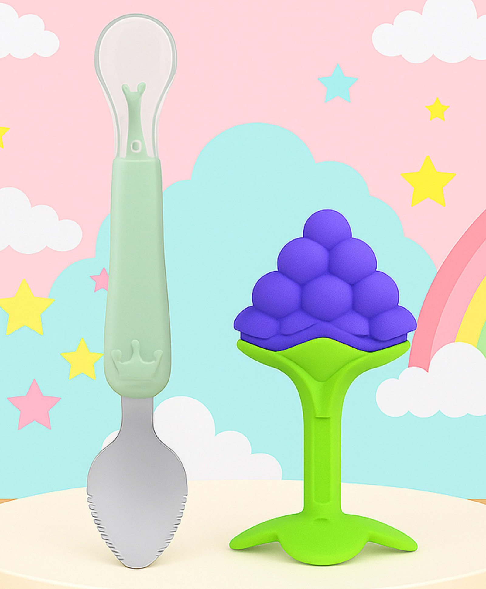 The Cheeky Kidzz Double Head Bendable Silicone Spoon & Stainless Steel Scraping Mud Spoon With 100% Soft Silicone Fruit Shape Teething Toy Designed For Gum Relief For Babies BPA Free-image-38