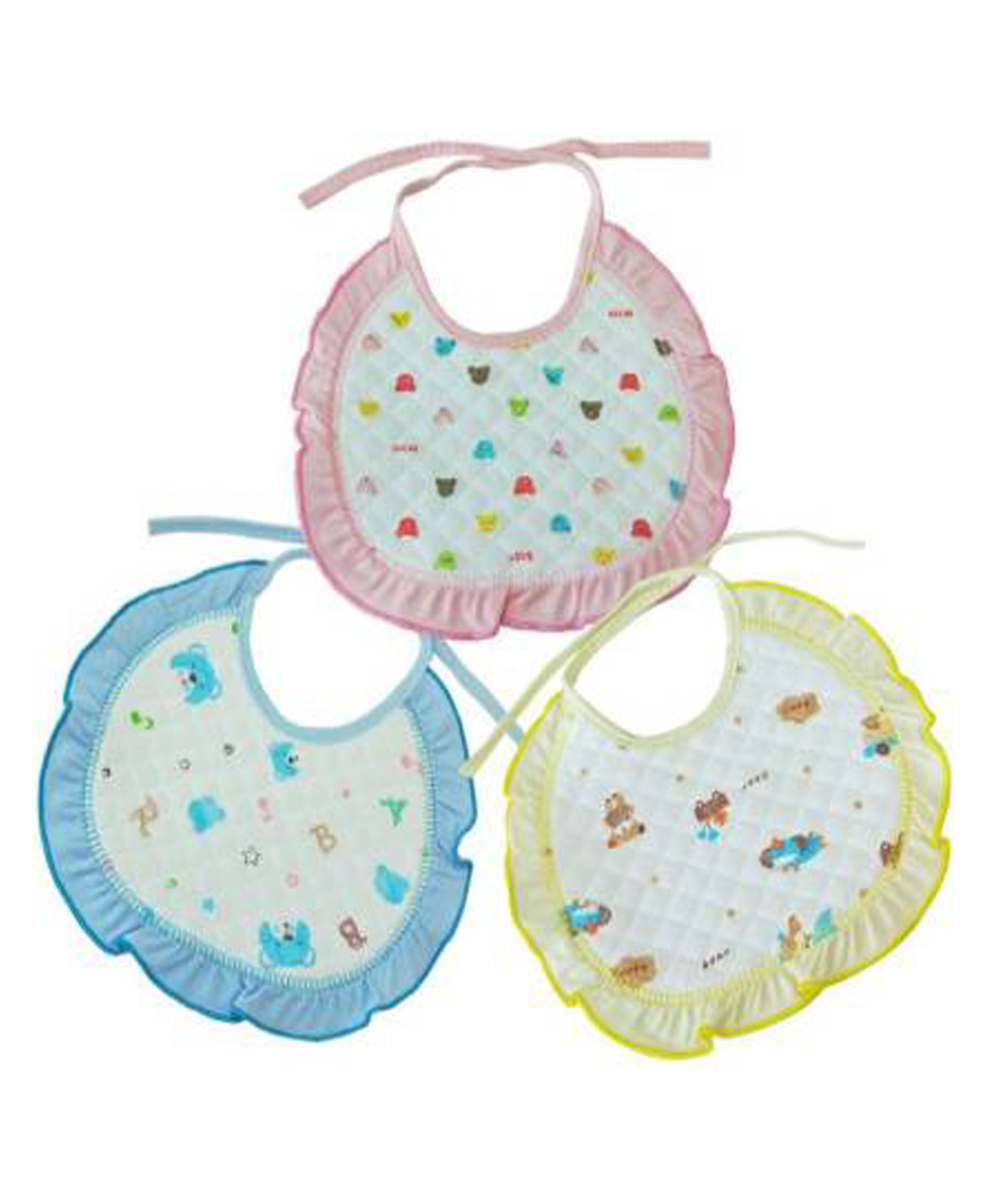 Tinny Tots Baby Pack of 3 Fast Drying Knot Style Frills Print Closure Feeding Bibs Aprons Double Layers For Everyday Use 0 To 12 Months Babies (ASSORTED DESIGNS)-image-11