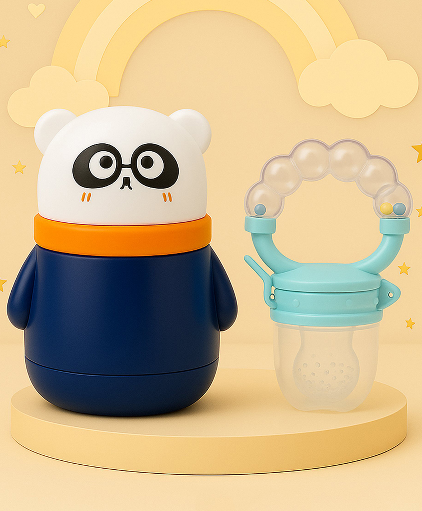The Cheeky Kidzz Baby Skin Care Powder Puff Box In A Cute Cartoon Bear Design With Fruit And Vegetable Food Feeder Rattle Nibbler BPA Free-image-29