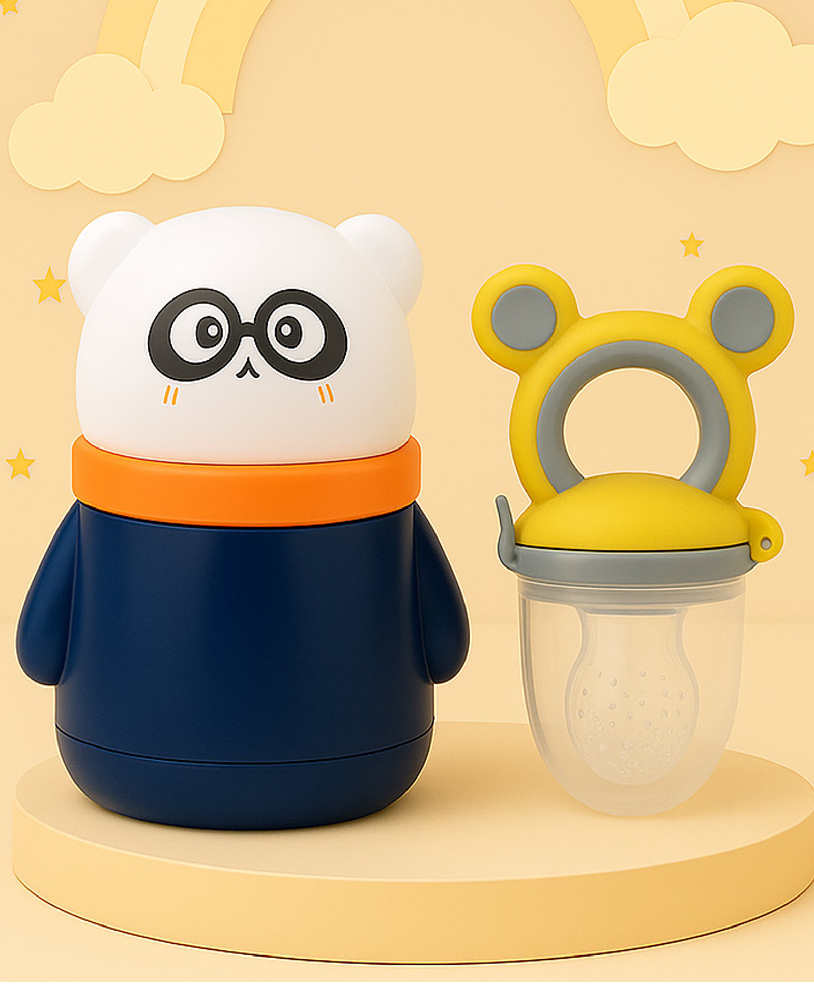 The Cheeky Kidzz Baby Skin Care Powder Puff Box In A Cute Cartoon Owl Design With Fruit And Vegetable Food Feeder Rattle Nibbler BPA Free-picture-21