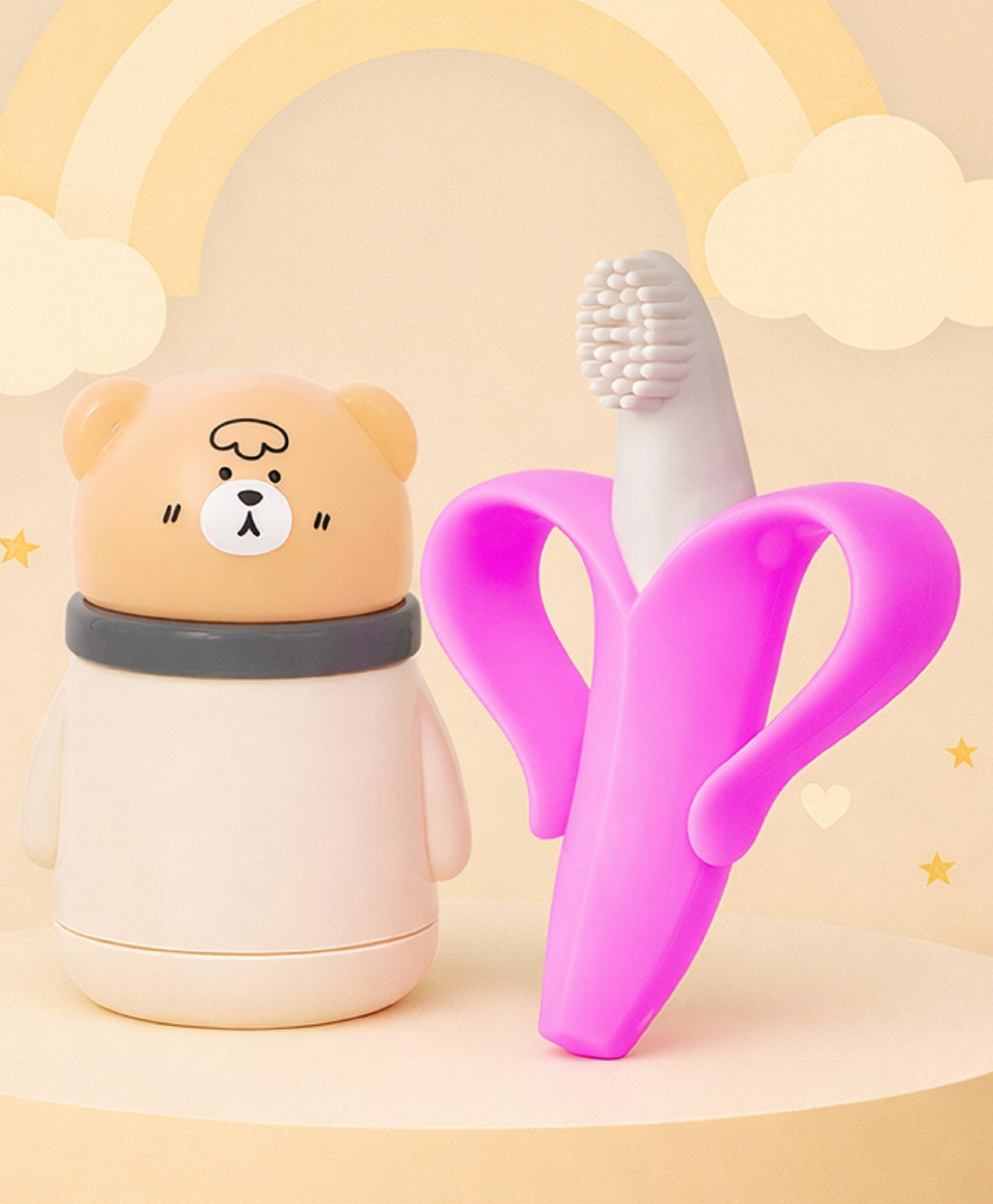 The Cheeky Kidzz Baby Soft Silicone Banana Training Toothbrush With Skin Care Powder Puff Box In A Cute Design Holder Container Leakproof BPA Free-image-6