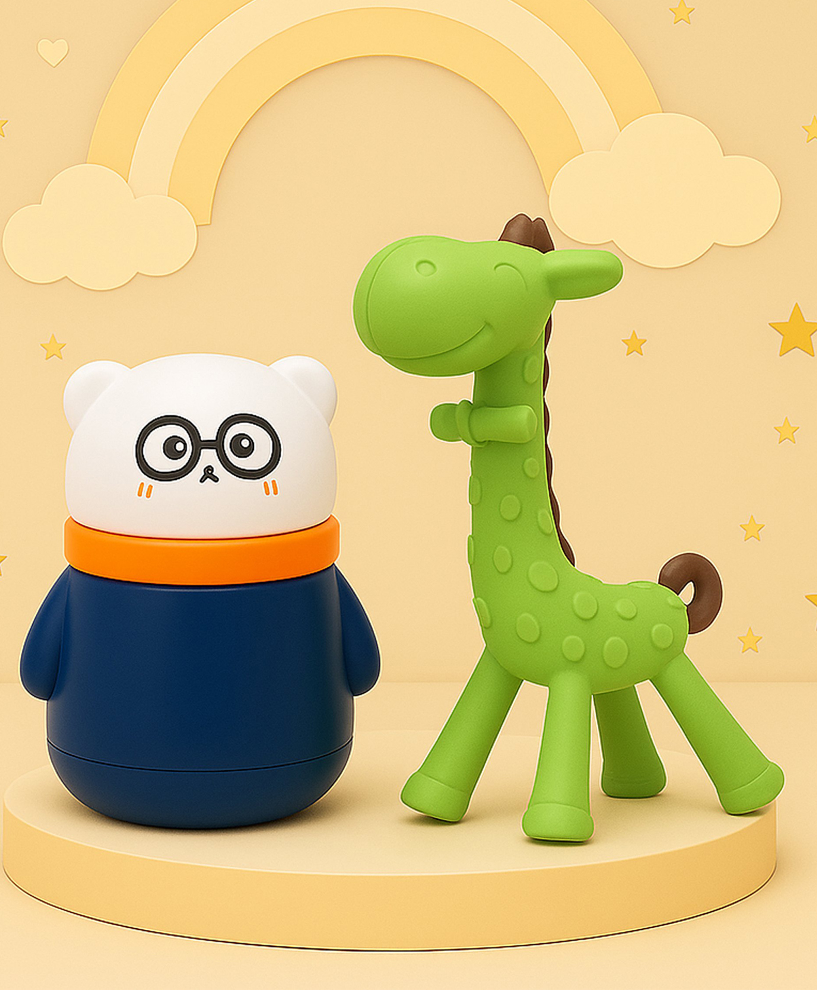 The Cheeky Kidzz Baby Soft Silicone Giraffe Shape Teething Toy With Skin Care Powder Puff Box In A Cute Design Holder Container Leakproof BPA Free-image-49