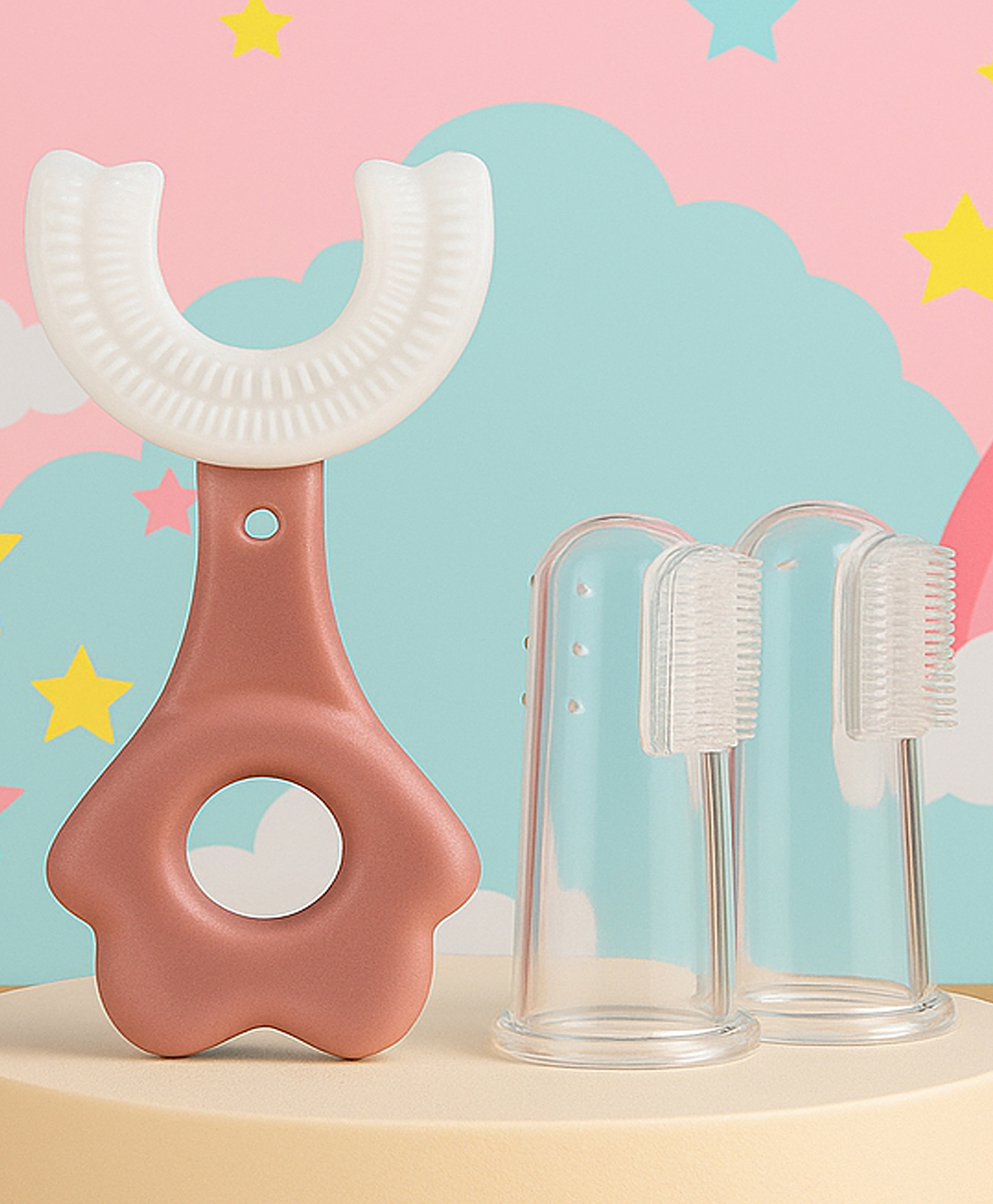 The Cheeky Kidzz Baby 1 U-Shape Silicone Toothbrushes & 2 Soft Bristles Finger Brush for Sensitive Gums Oral Hygiene Set For Babies BPA Free (PINK)-picture-28