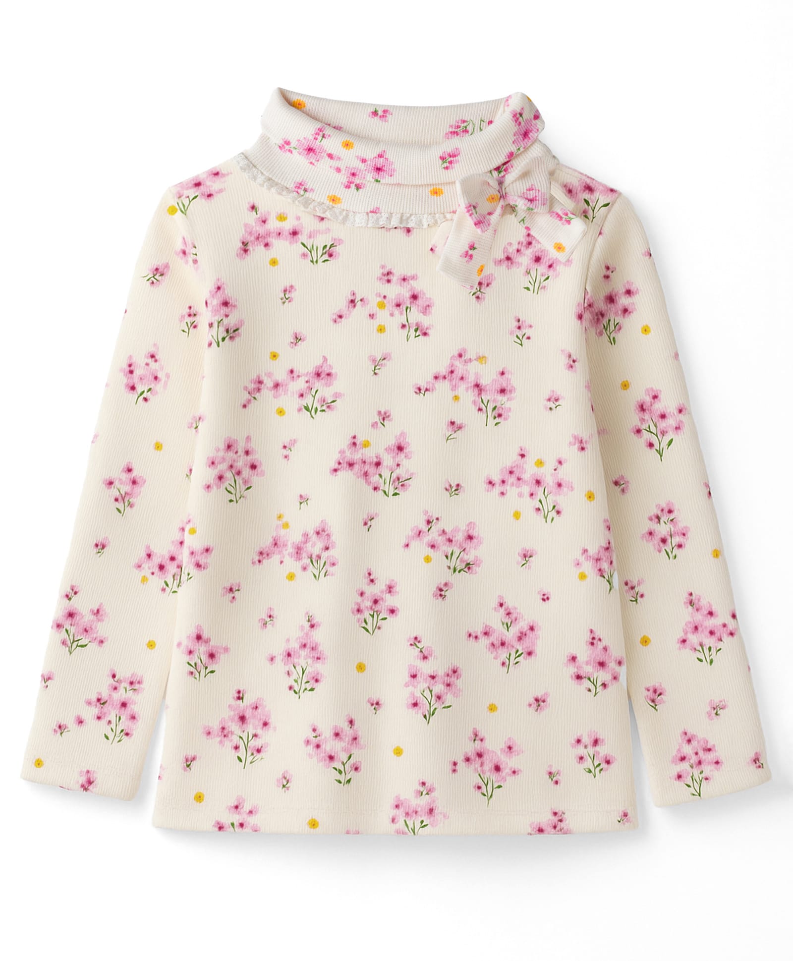 Babyhug Cotton Elastane Knit Full Sleeves Turtle Neck Winter T-Shirt With Floral Print & Bow Applique - White-image-48