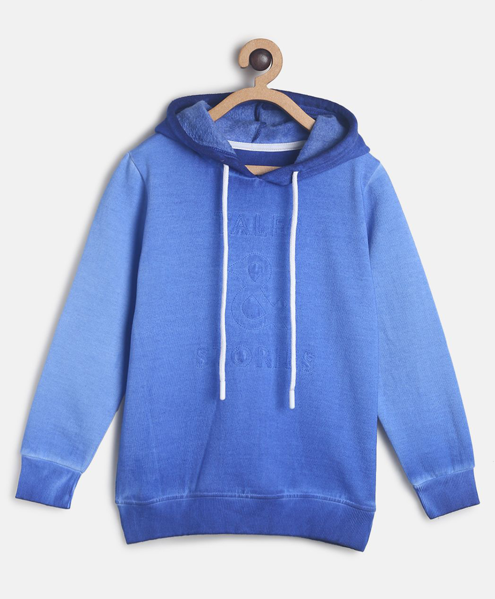 Tales & Stories Cotton Knit Full Sleeves Mild Washed Light Winter Hooded Sweatshirt - Royal Blue-image-30