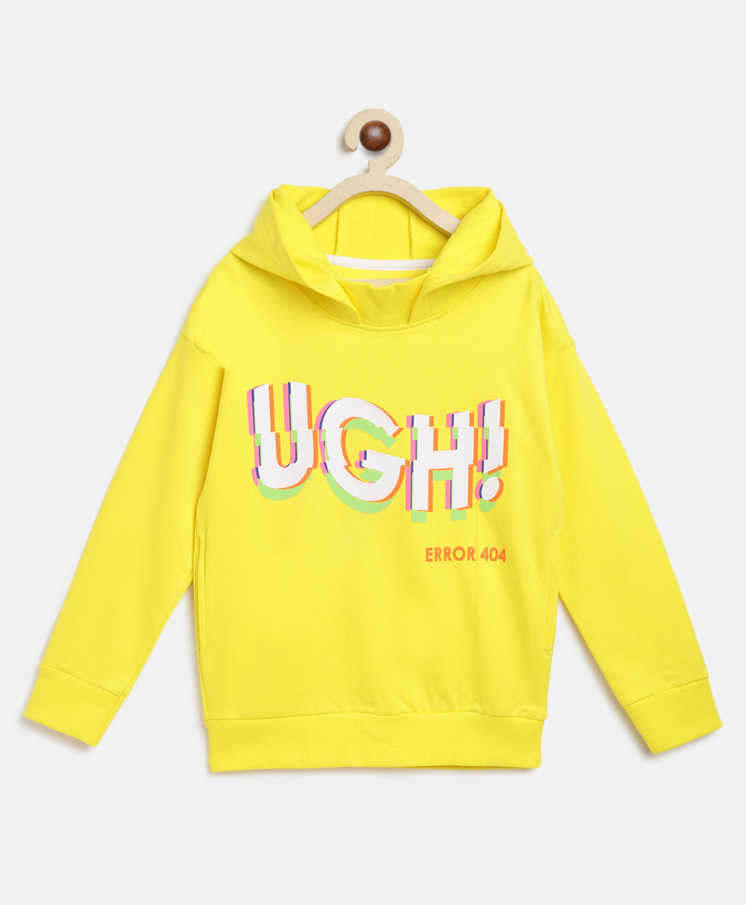 Tales & Stories Cotton Knit Full Sleeves Ugh Text Printed Light Winter Hooded Sweatshirt - Yellow-picture-19