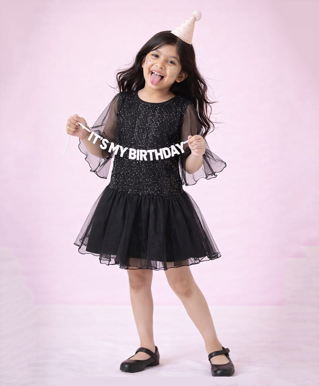 Tales & Stories Woven Three Fourth Bell Sleeves Sequins Embellished Dress - Black-image-17