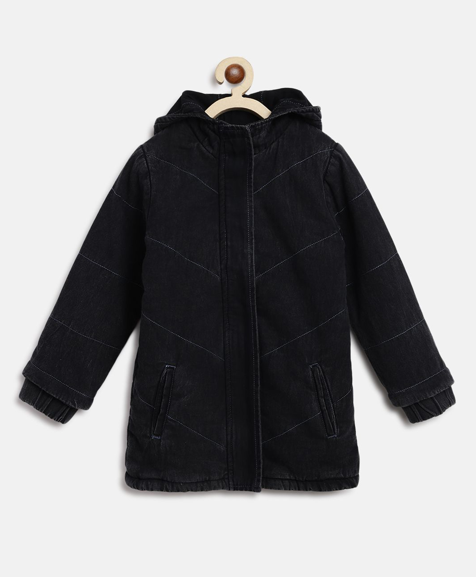 Tales & Stories Cotton Woven Full Sleeves Solid Winter Quilted Hooded Jacket - Black-picture-36