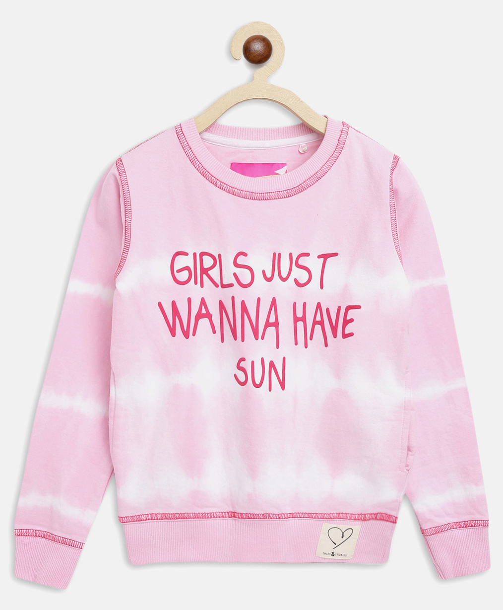 Tales & Stories Cotton Knit Full Sleeves Girls Just Wanna Have Sun Text Printed Light Winter Sweatshirt - Pink-picture-14