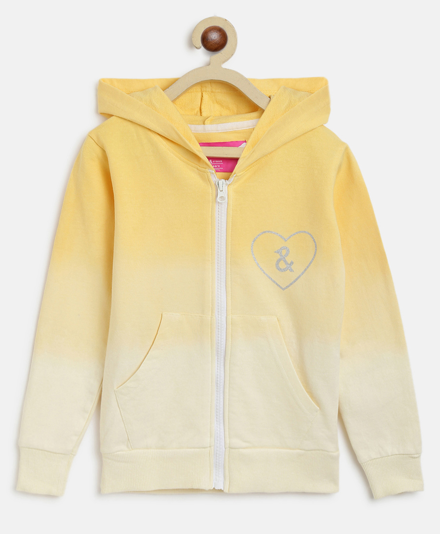 Tales & Stories Cotton Knit Full Sleeves Heart Embroidered & Ombre Light Winter Hooded Sweatjacket - Yellow-picture-38