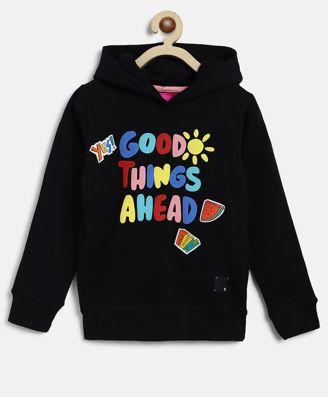 Tales & Stories Cotton Knit Full Sleeves Good Things Ahead Text Printed Hooded Sweatshirt - Black-picture-18