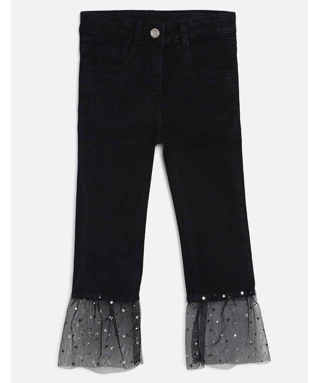 Tales & Stories Denim Woven Stars Foil Printed Net Detailed Trousers - Black-picture-35