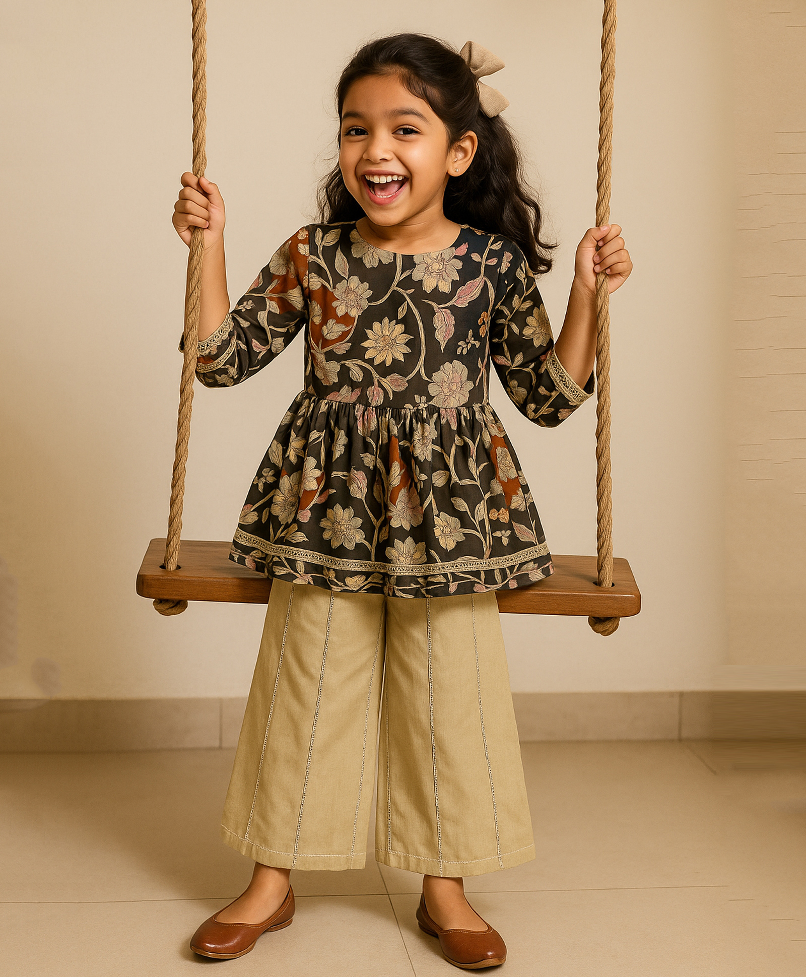 Tales & Stories Viscose Woven Three Fourth Sleeves Floral Printed & Lace Embellished Peplum Top & Palazzo Set - Grey-image-12