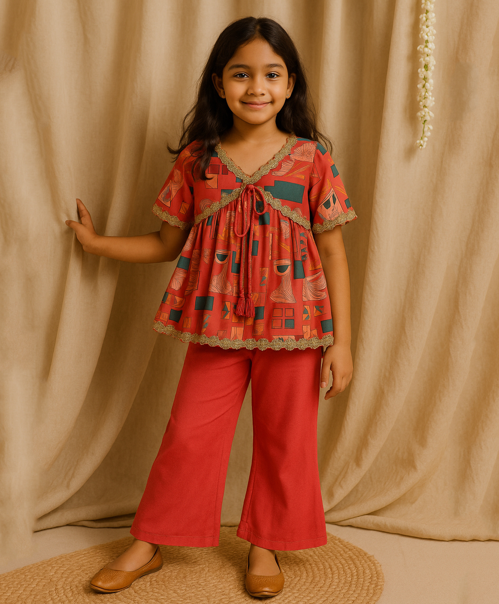 Tales & Stories Viscose Woven Half Sleeves Abstract Printed & Lace Embellished Top & Pant Set - Pink-image-34