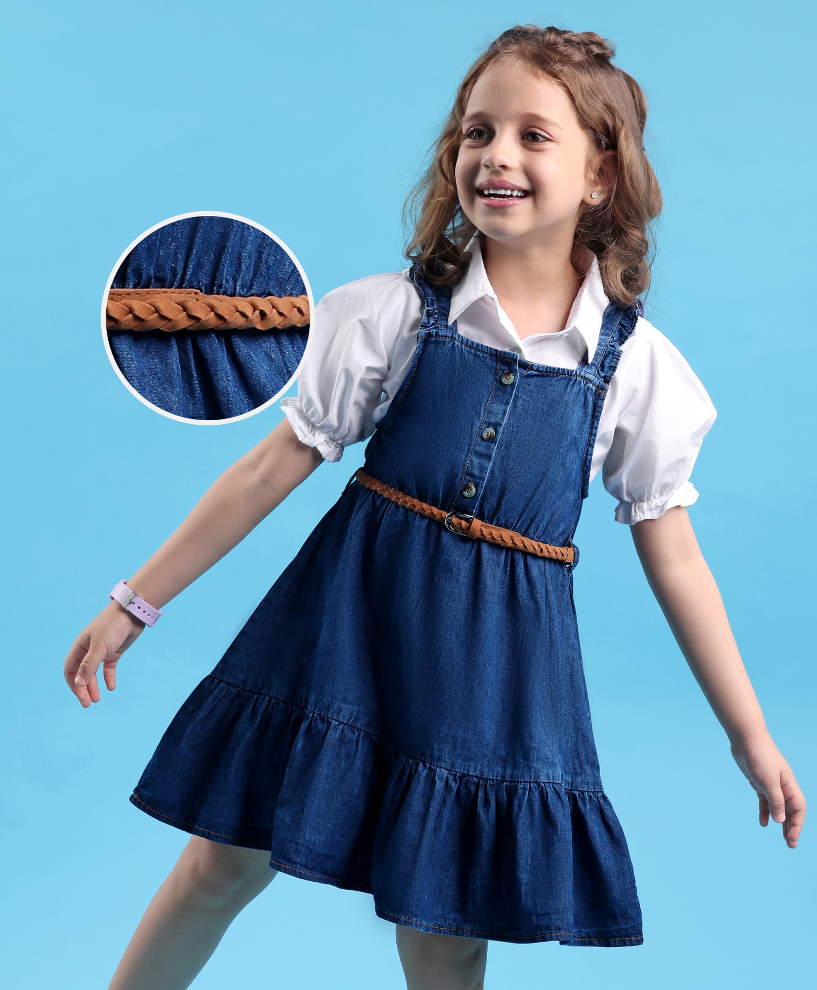 Hola Bonita Woven Half Sleeves Inner Shirt with Denim dress & Belt - Blue-image-40