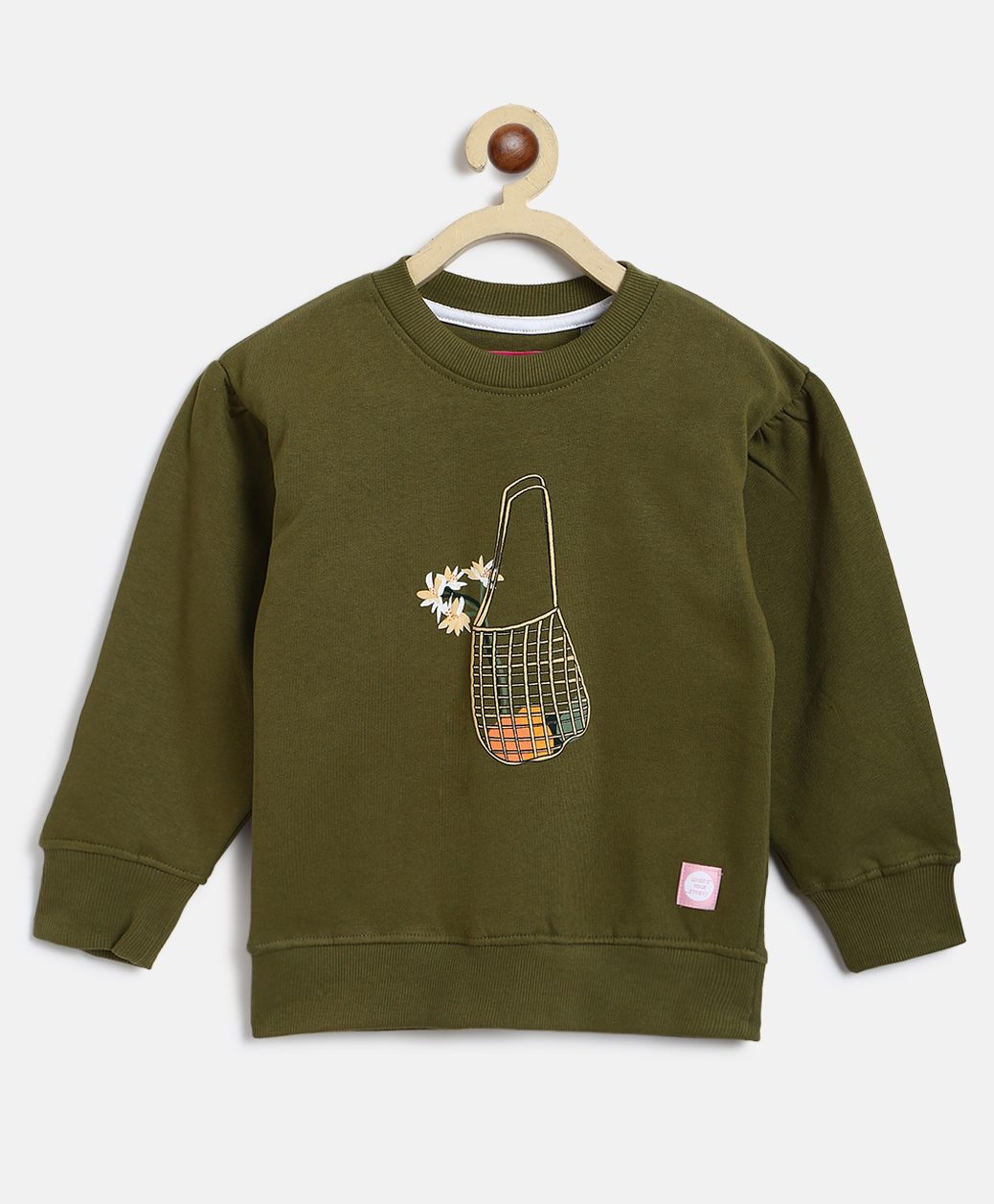 Tales & Stories Cotton Knit Full Sleeves Flower Basket Printed Light Winter Sweatshirt - Olive-picture-38