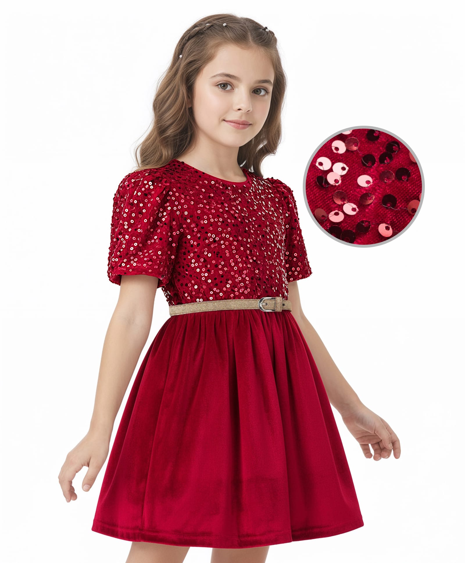 Hola Bonita Velvet Knit Flared Half Sleeves Party Dress with Sequin & Belt - Maroon-image-3