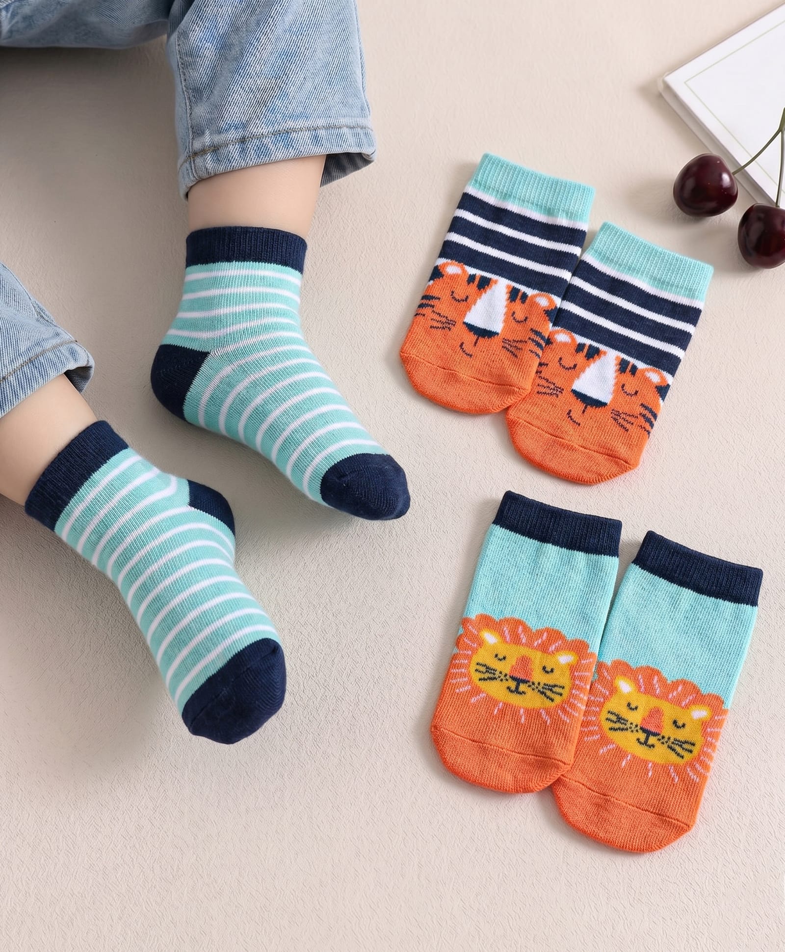 Cute Walk by Babyhug Knit Ankle Length Antibacterial Socks With Stripes & Animal Design Pack Of 3 - Light Blue & Orange-image-45