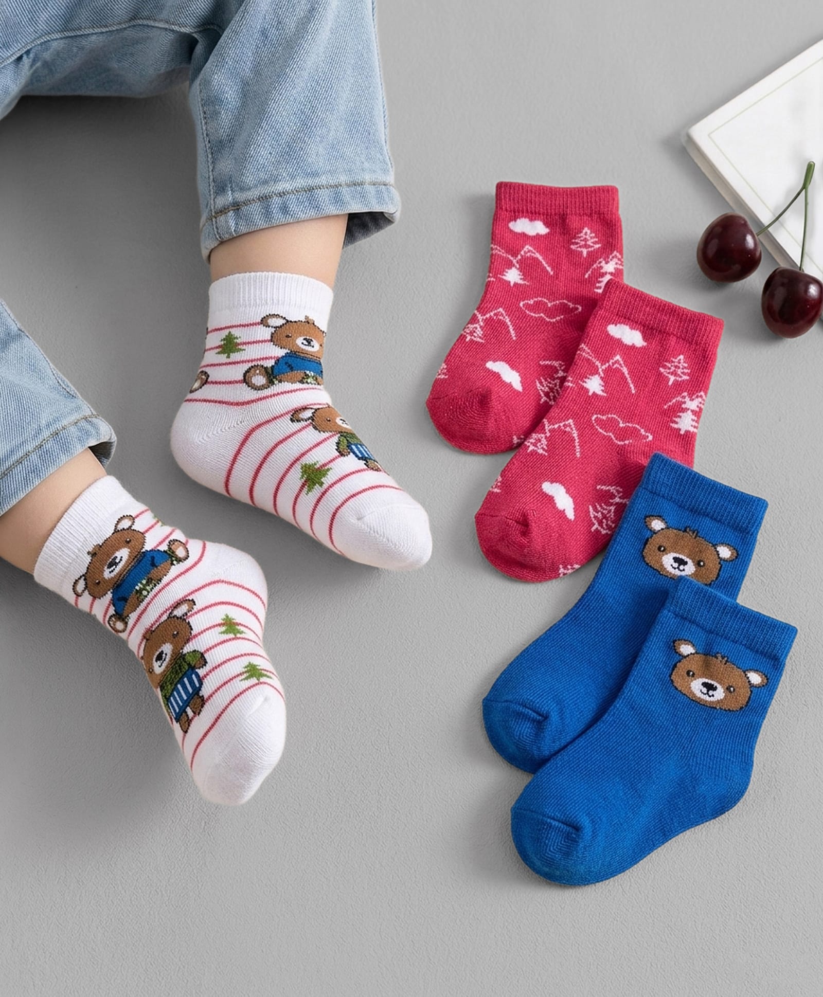 Cute Walk by Babyhug Knit Ankle Length Anti Bacterial Socks With Animal Design Pack Of 3 - White Blue & Dark Pink-image-31