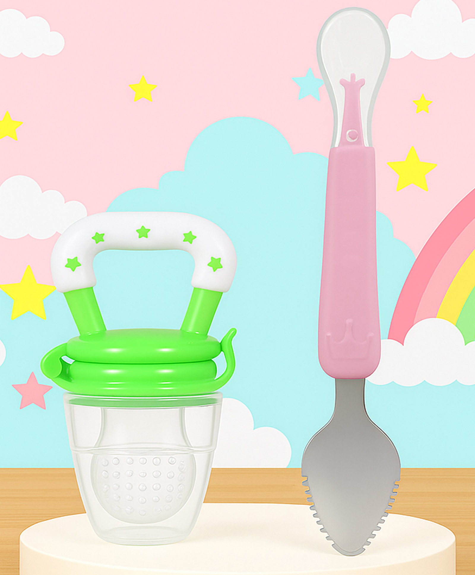 Tinny Tots Baby Fresh Fruit Vegetable Food Feeder Nibbler Teether With Ultra Soft Silicone Bendable & Stainless Steel Tip Spoon BPA Free (MIX COLOUR)-image-20