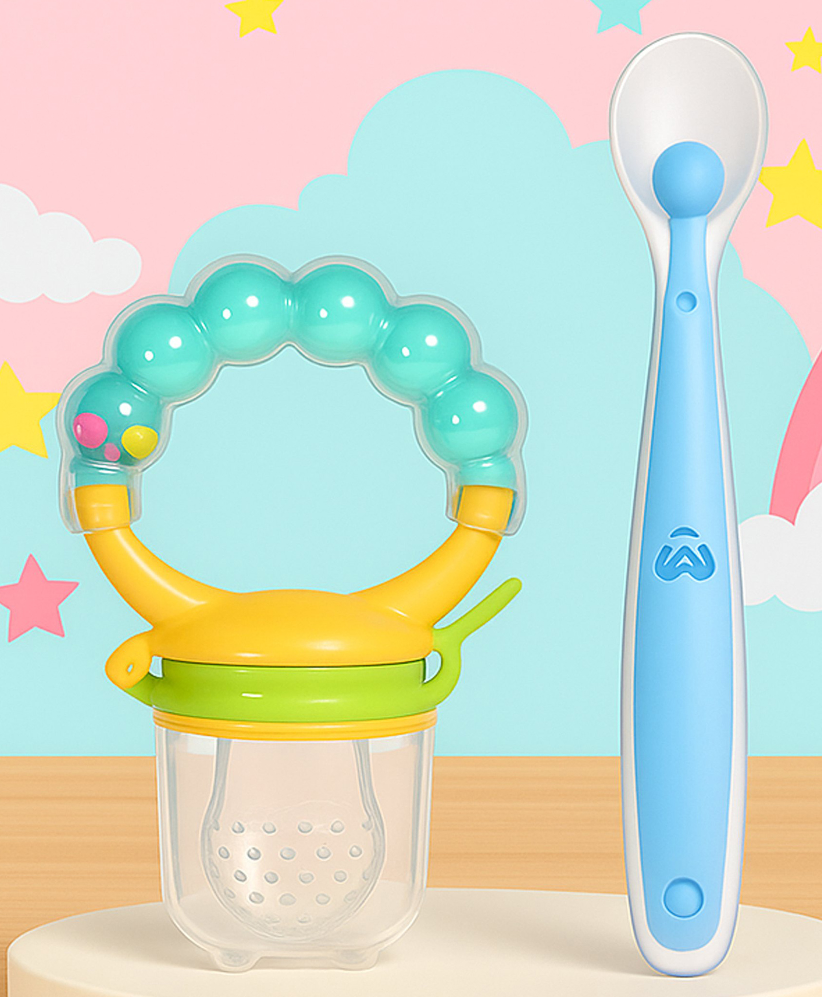 Tinny Tots Baby Fresh Fruit Vegetable Food Teether Rattle Nibbler With Ultra-Soft Food-Grade Silicone Spoon For Babies BPA Free (BLUE)-image-45