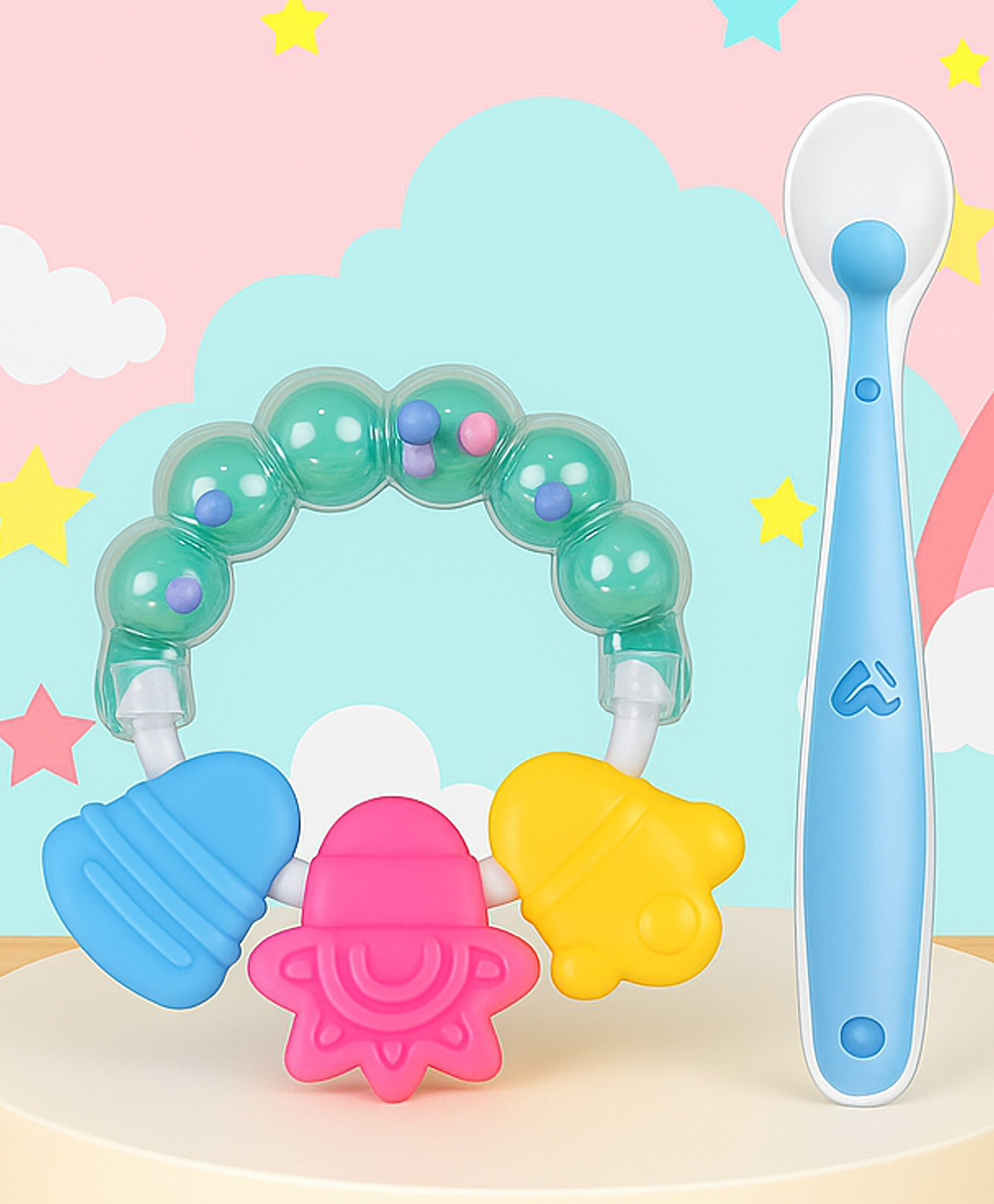 Tinny Tots Baby Ring Shape Rattle Teething Teether With Ultra-Soft Food-Grade Silicone Spoon For Babies BPA Free-image-1