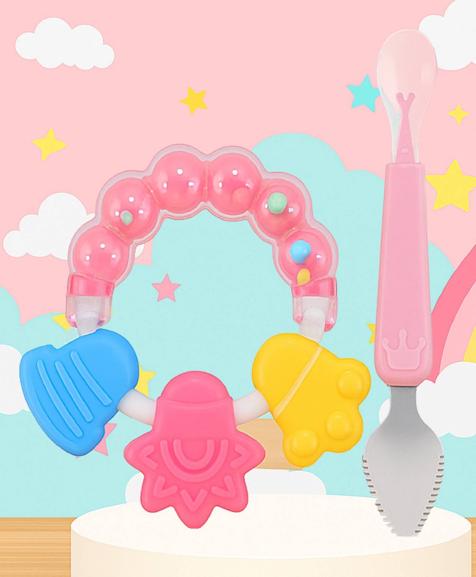 Tinny Tots Baby Ring Shape Rattle Teething Teether With Ultra-Soft Food-Grade Silicone Double Head Spoon BPA Free (PINK)-picture-28