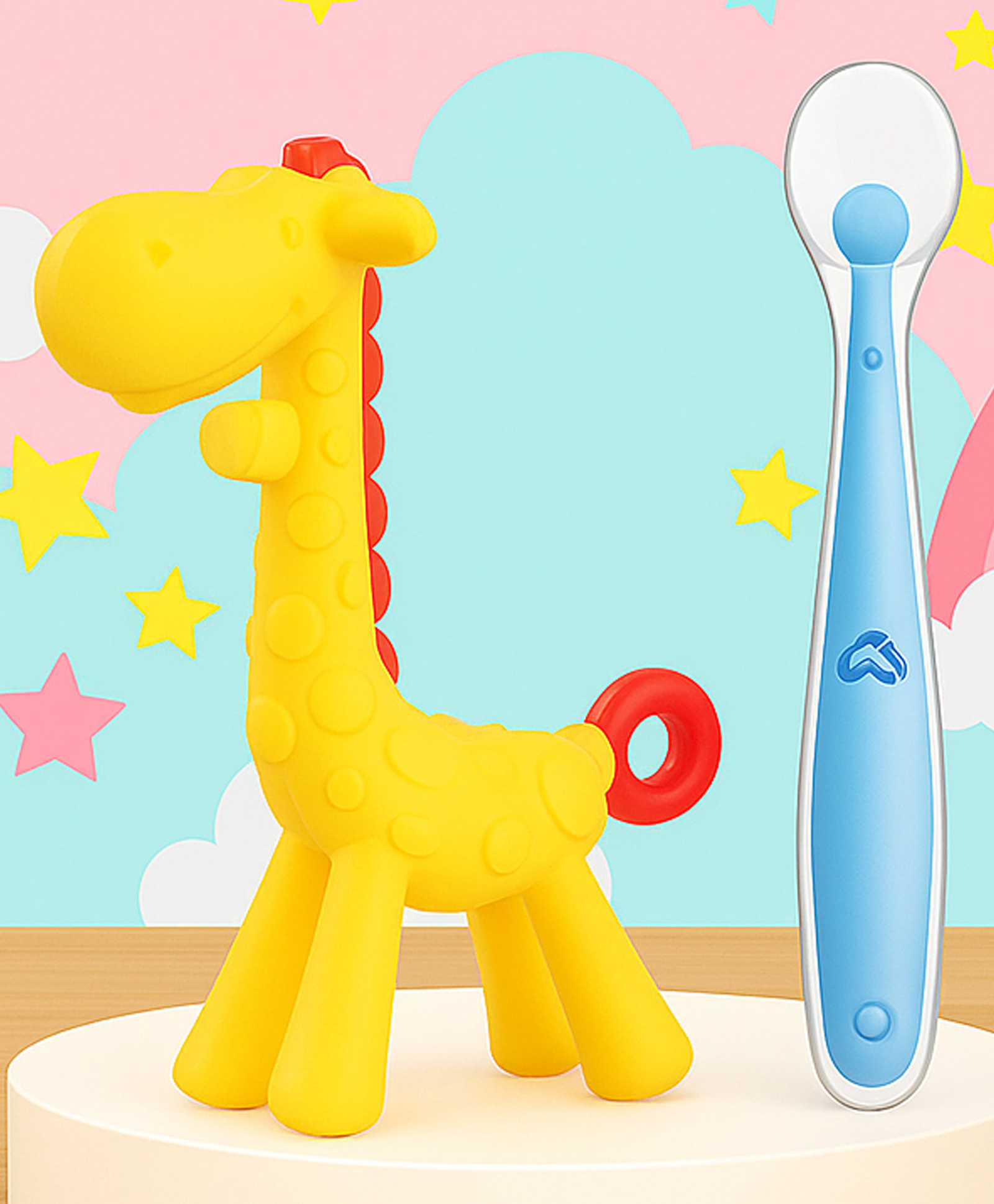 Tinny Tots Baby Soft Silicone Giraffe Shape Teething Teether With Ultra-Soft Food-Grade Silicone Spoon BPA Free (BLUE)-image-40