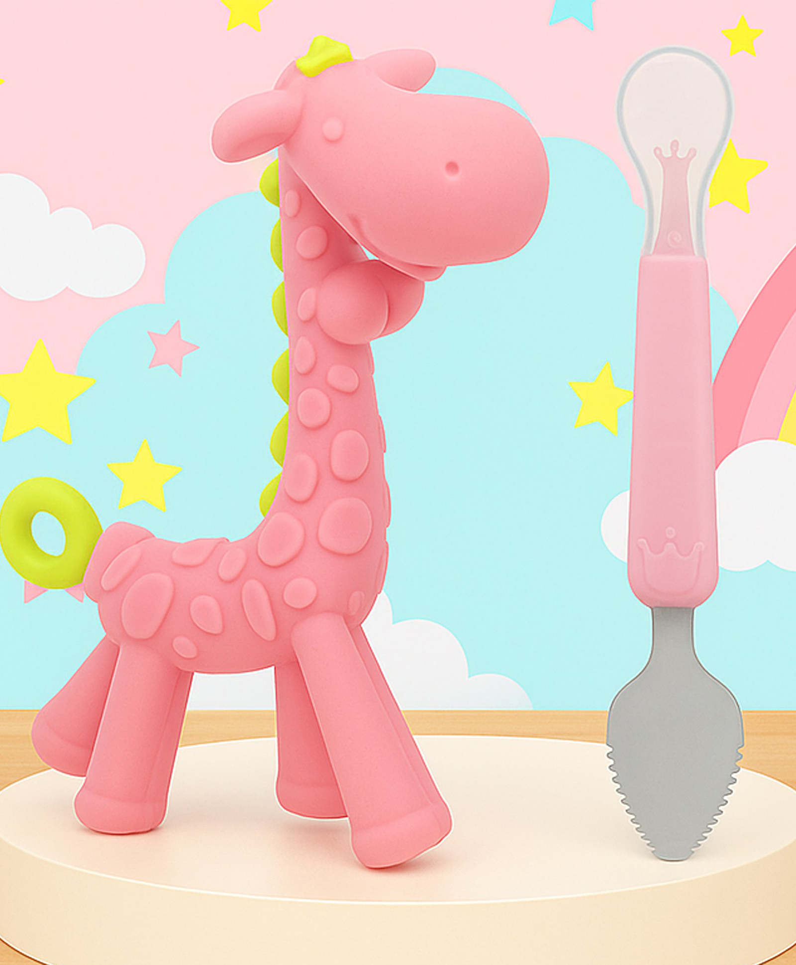Tinny Tots Baby Soft Silicone Giraffe Molar Teething Teether With Double Head Silicone & Stainless Steel Scraping Mud Spoon BPA Free-image-41