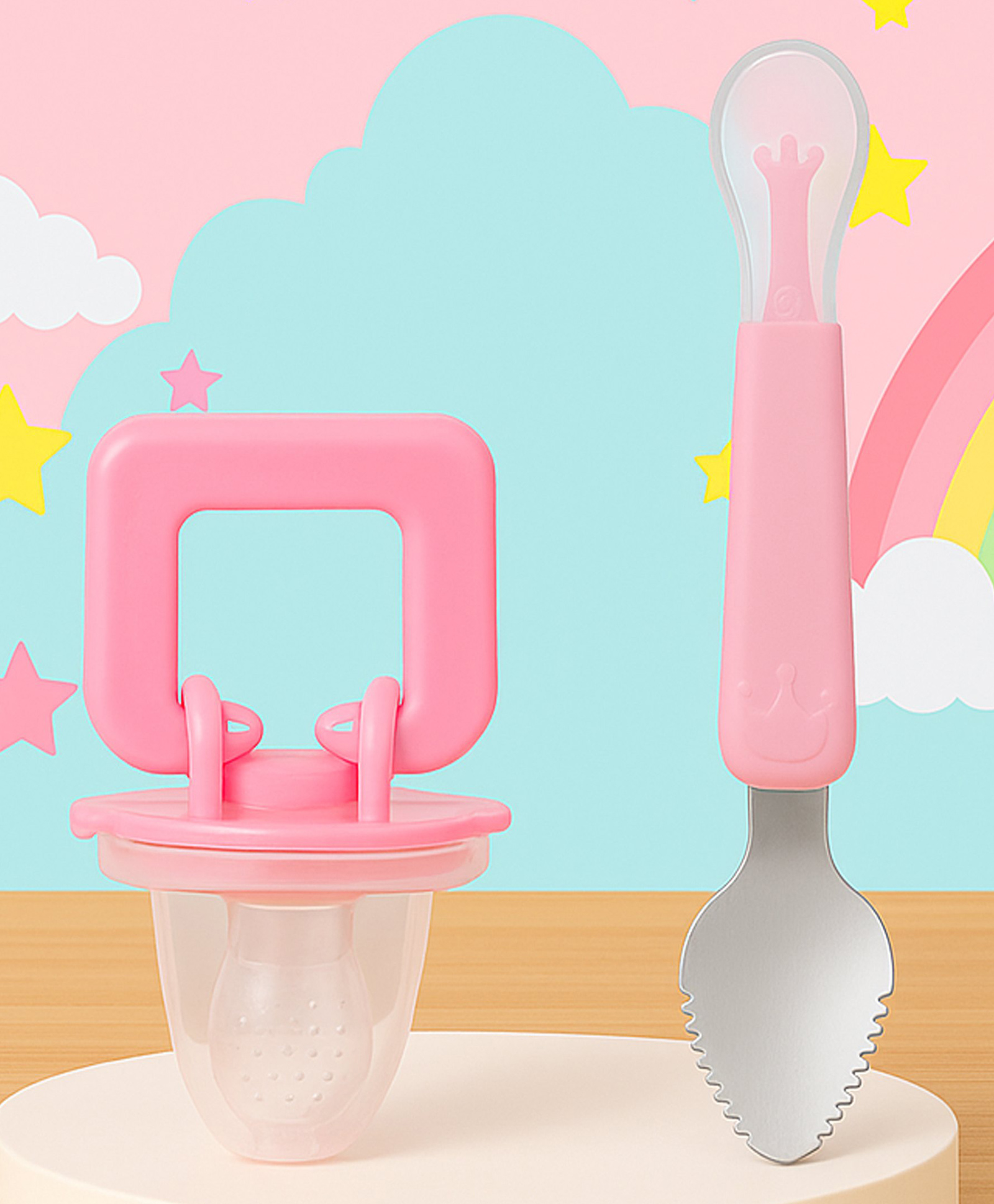 Tinny Tots Baby Ultra Light Silicone Pacifier Teether With Double Head Bendable Silicone & Stainless Steel Scraping Mud Spoon BPA Free-image-46