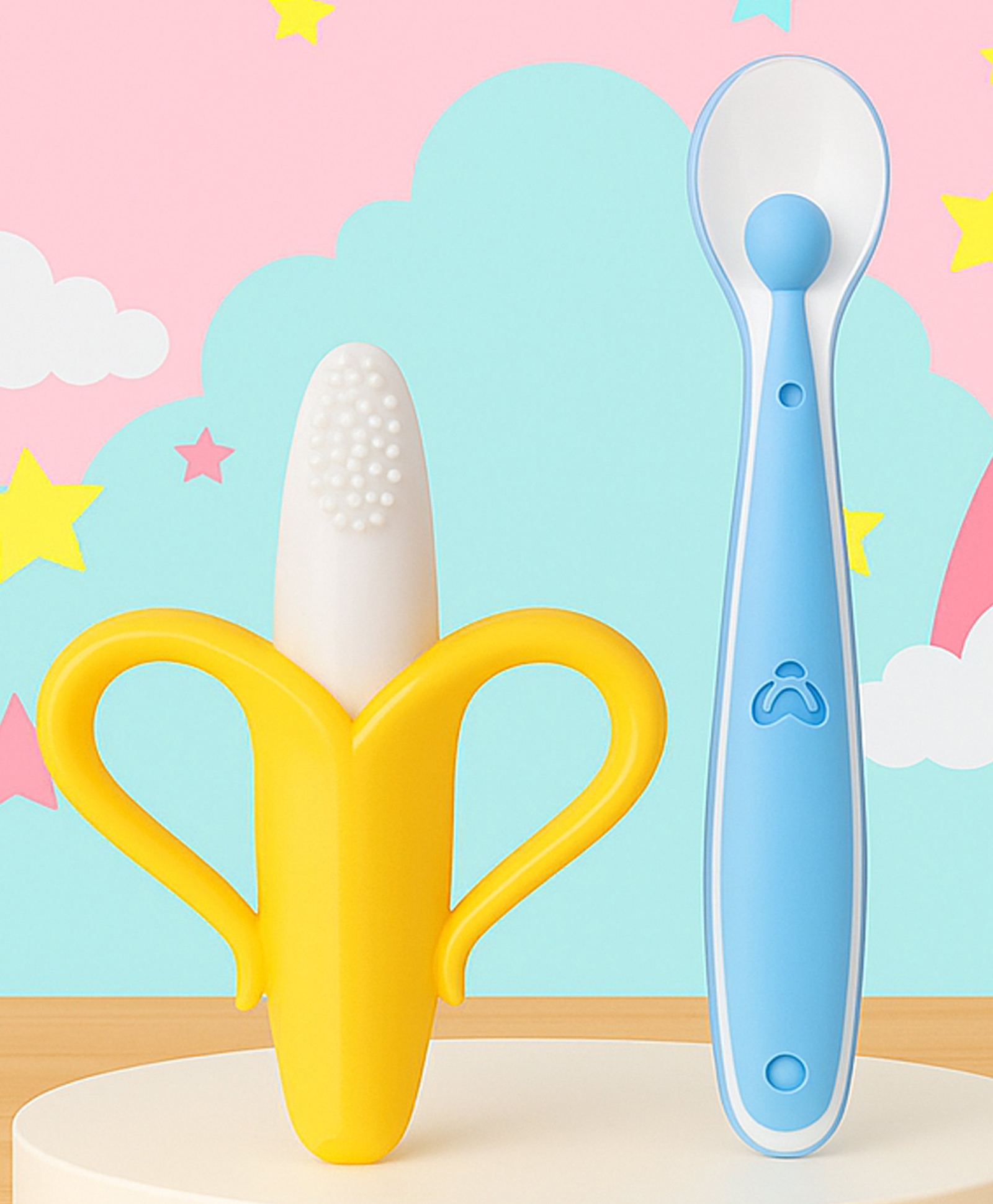 Tinny Tots Baby Soft Bristle Banana Training Teether With Ultrasoft Food Grade Silicone Spoon For Babies BPA Free (YELLOW)-image-36