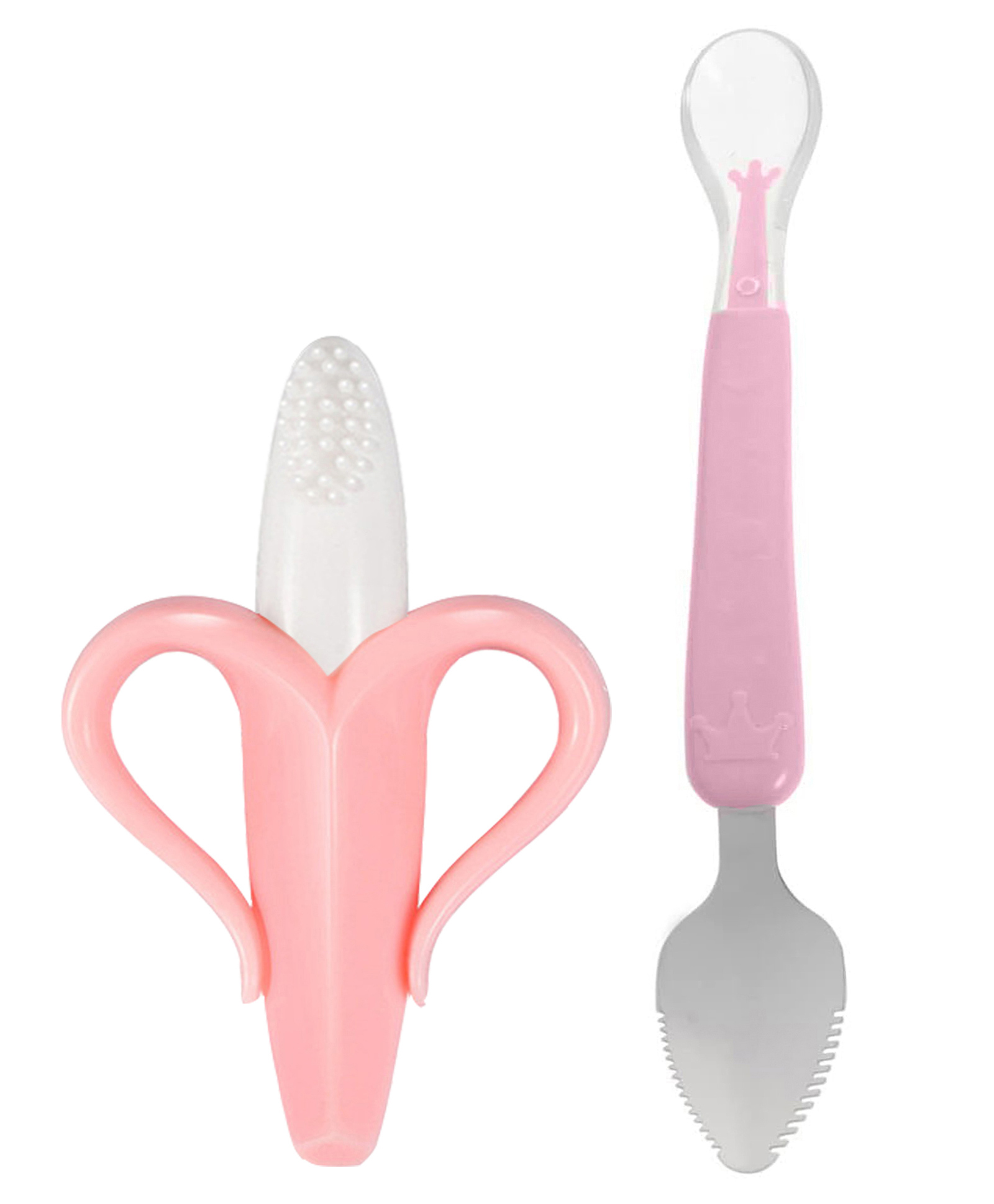 Tinny Tots Baby Soft Bristle Banana Training Teether With Ultrasoft Food Grade Silicone Spoon For Babies BPA Free (PINK)-image-37