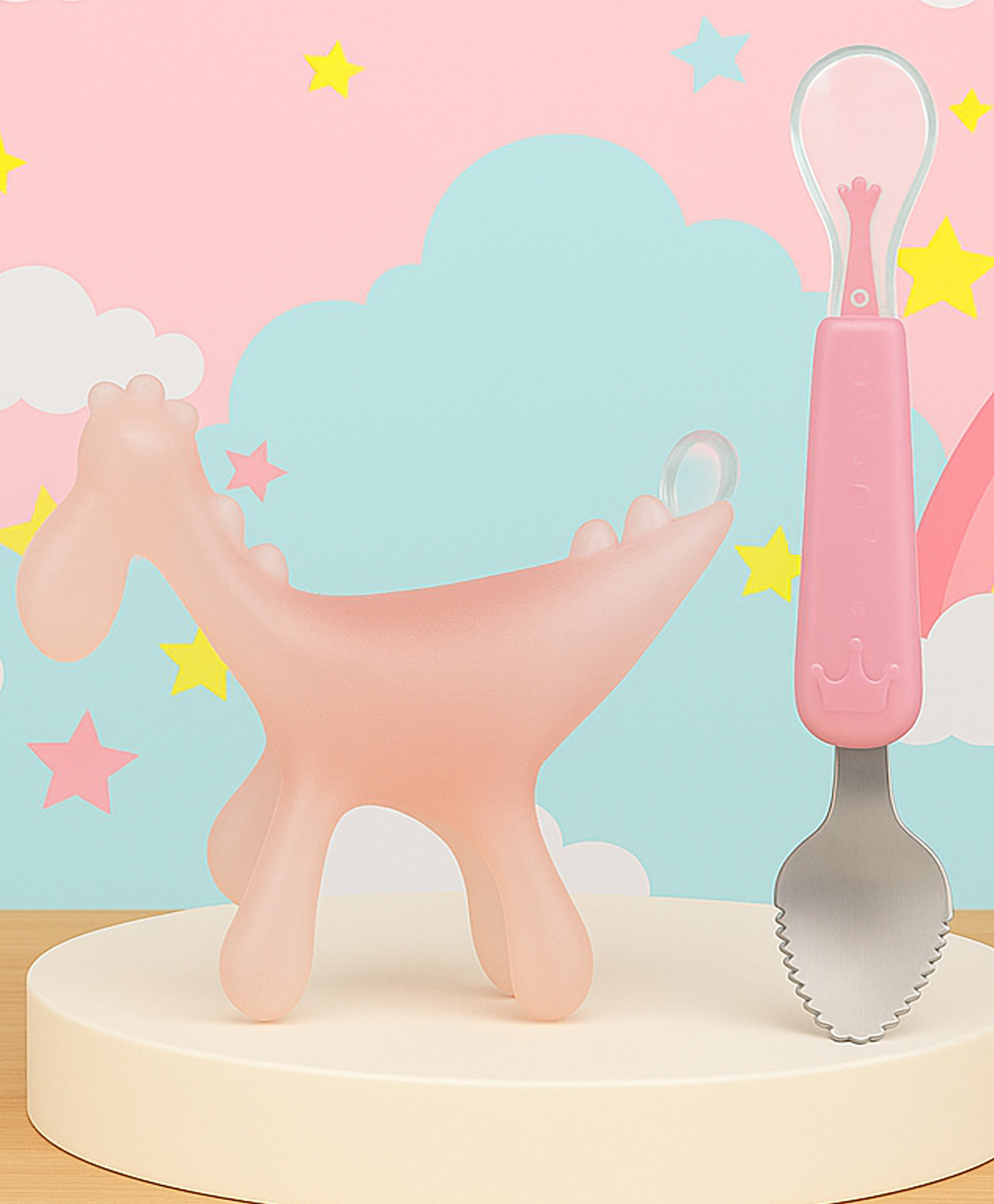 Tinny Tots Baby Soft Silicone Dinosaur Shape Teething Teether Oral Dental Care With Baby Ultrasoft Bendable Tip Spoon (MULTI-COLOUR)-image-15