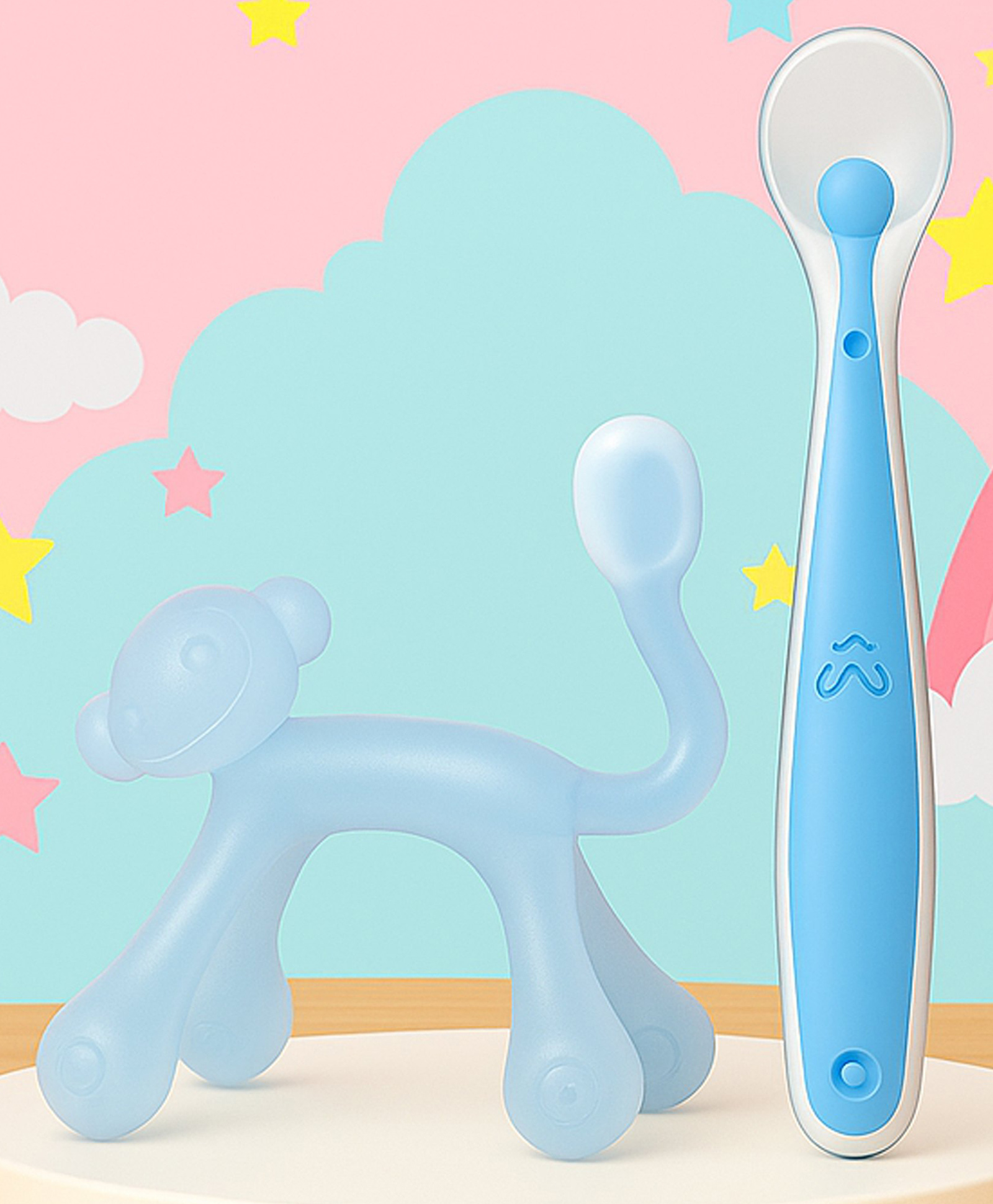 Tinny Tots Baby Soft Silicone Monkey Shape Teething Teether Oral Dental Care With Baby Ultrasoft Bendable Tip Spoon (MULTI-COLOUR)-image-14