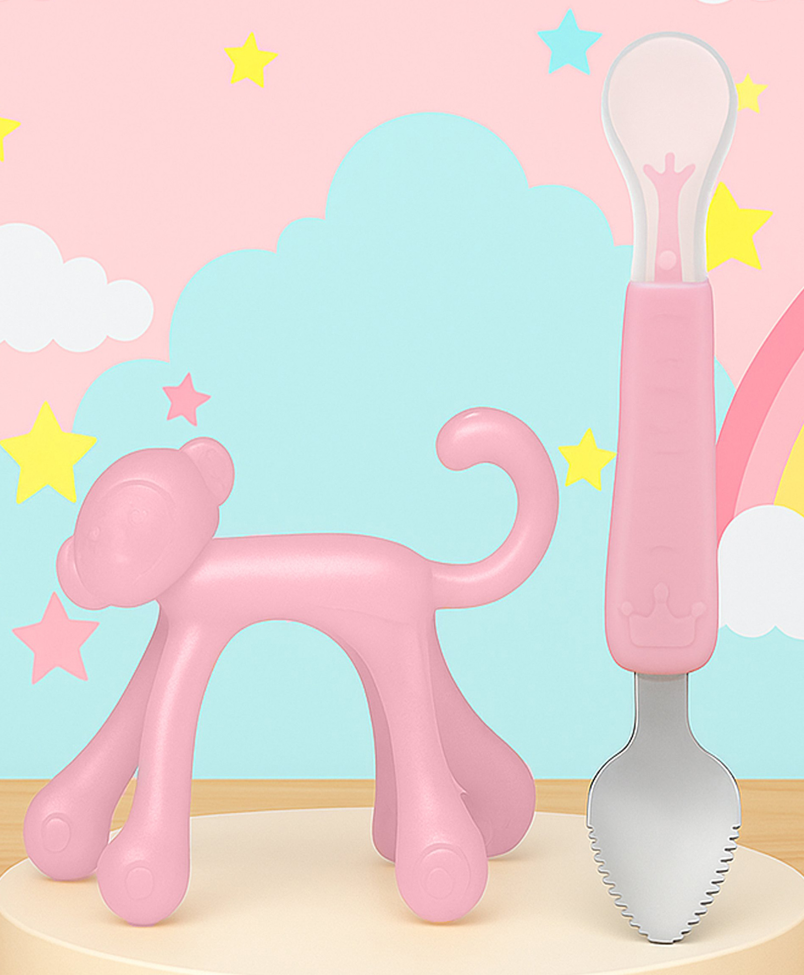 Tinny Tots Baby Soft Silicone Monkey Shape Teething Teether BPA Free With Baby Ultrasoft Bendable Tip Spoon (MULTI-COLOUR)-image-49
