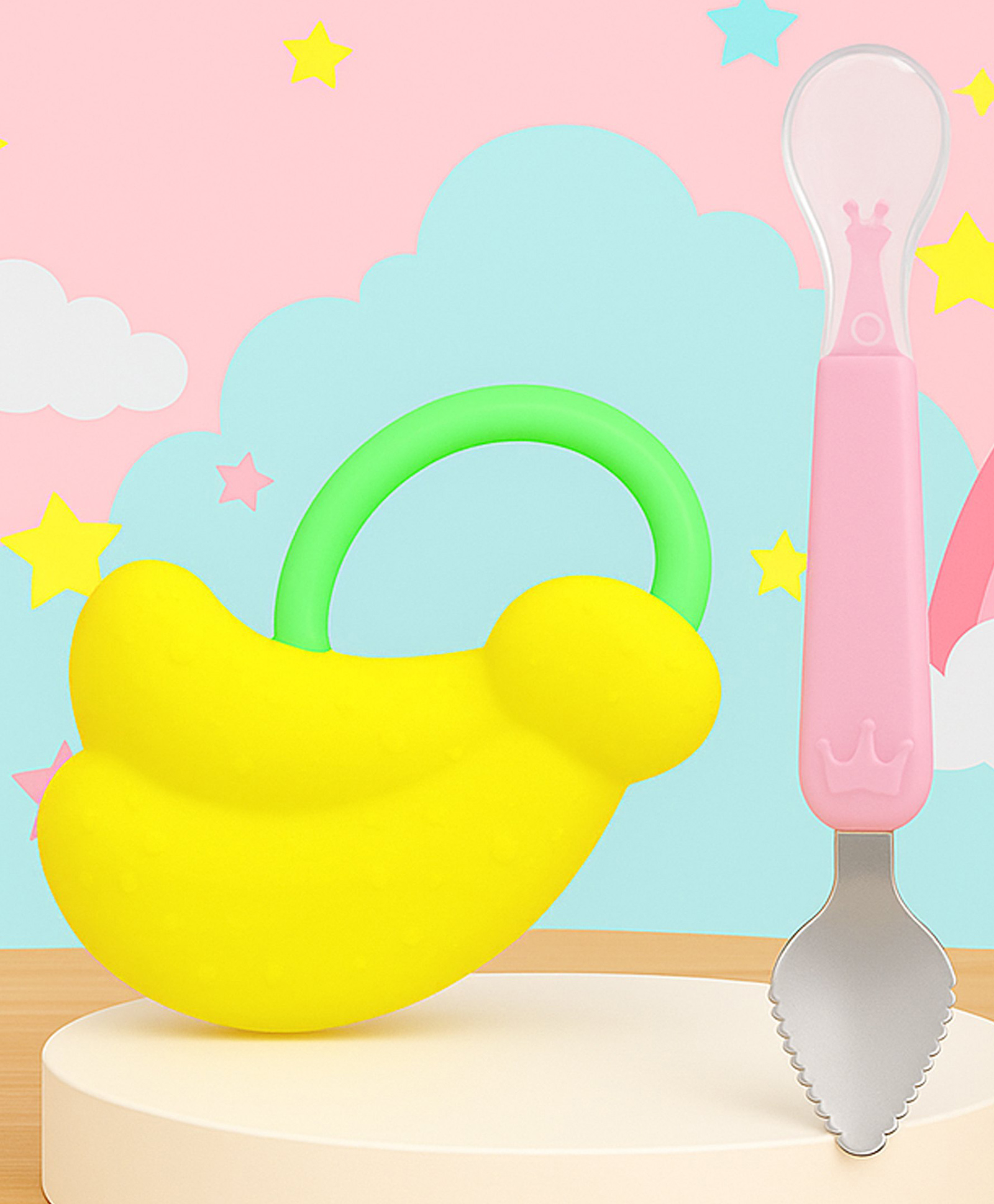 Tinny Tots Baby Soft Silicone Fruit Shape Molar Teether With Ultra-Soft Food-Grade Silicone Spoon BPA Free(ASSORTED DESIGN)-picture-11