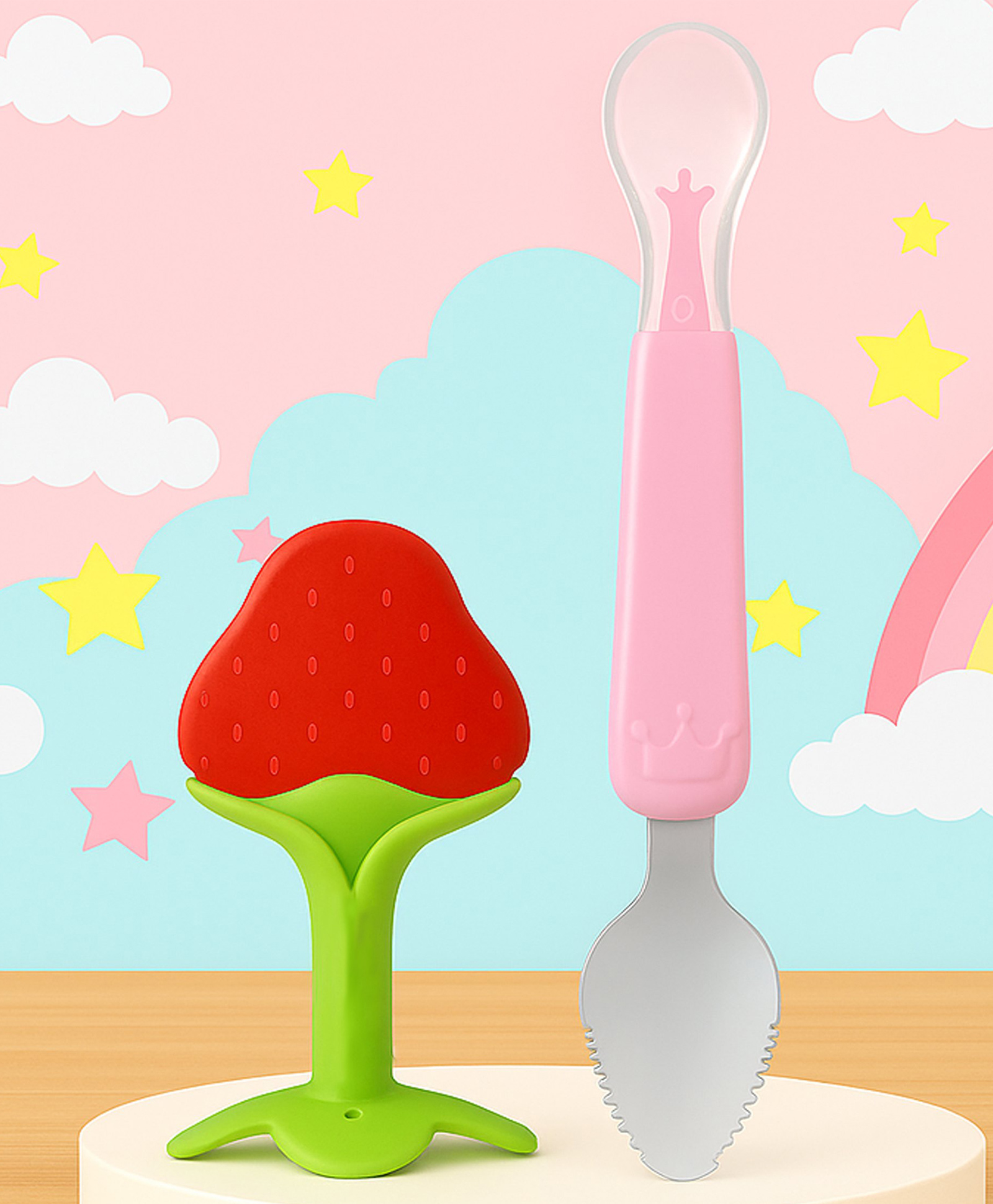 Tinny Tots Baby Soft Silicone Fruit Shape Teething Teether With Ultra-Soft Food-Grade Silicone Spoon BPA Free (MIX COLOURS)-image-43