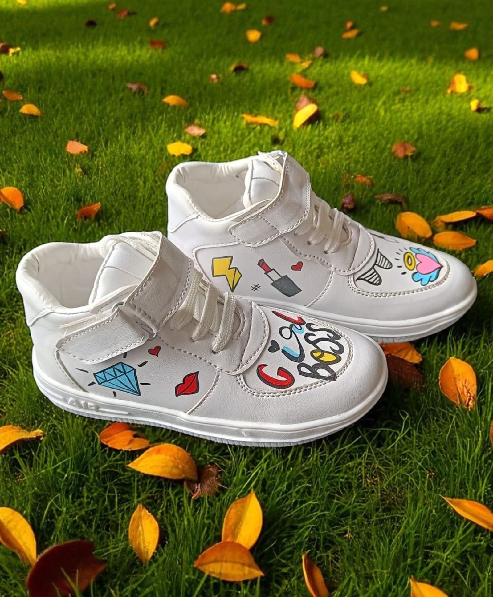 IMAGINO Girl Boss Text Hand Painted Velcro Closure Sneakers - White-image-36