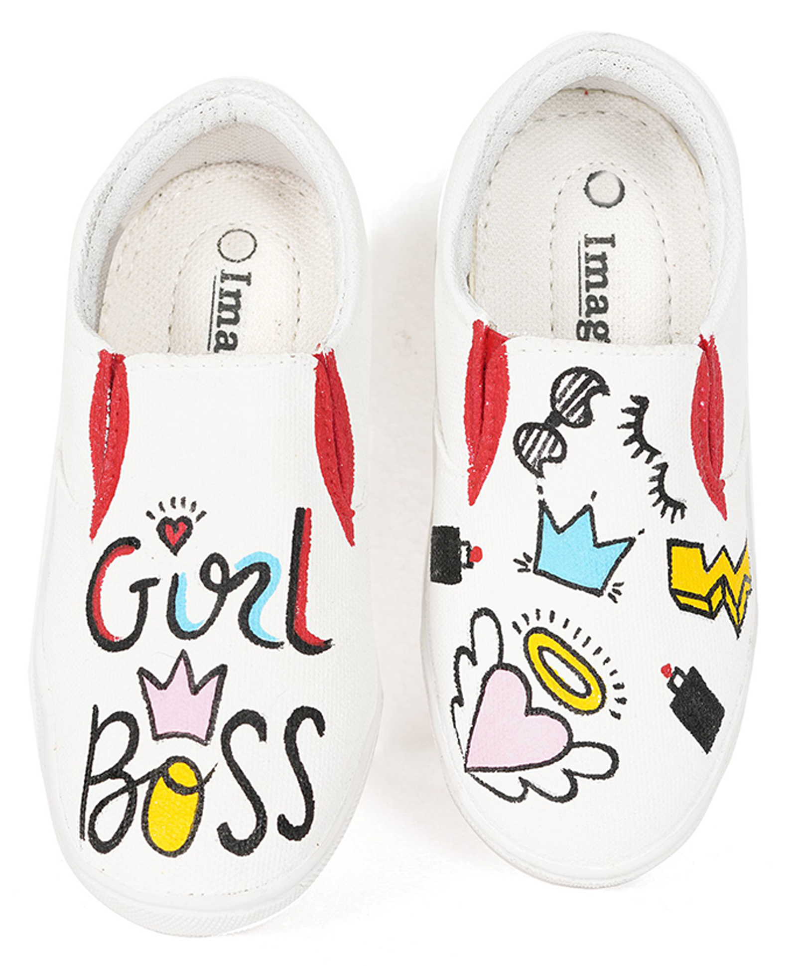 IMAGINO Girl Boss Text Hand Painted Slip On Shoes - White-image-19