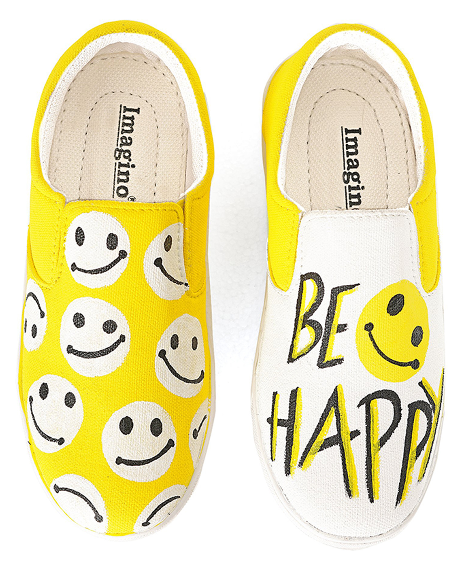 IMAGINO Be Happy Text & Smileys Hand Painted Slip On Shoes - Yellow-image-12