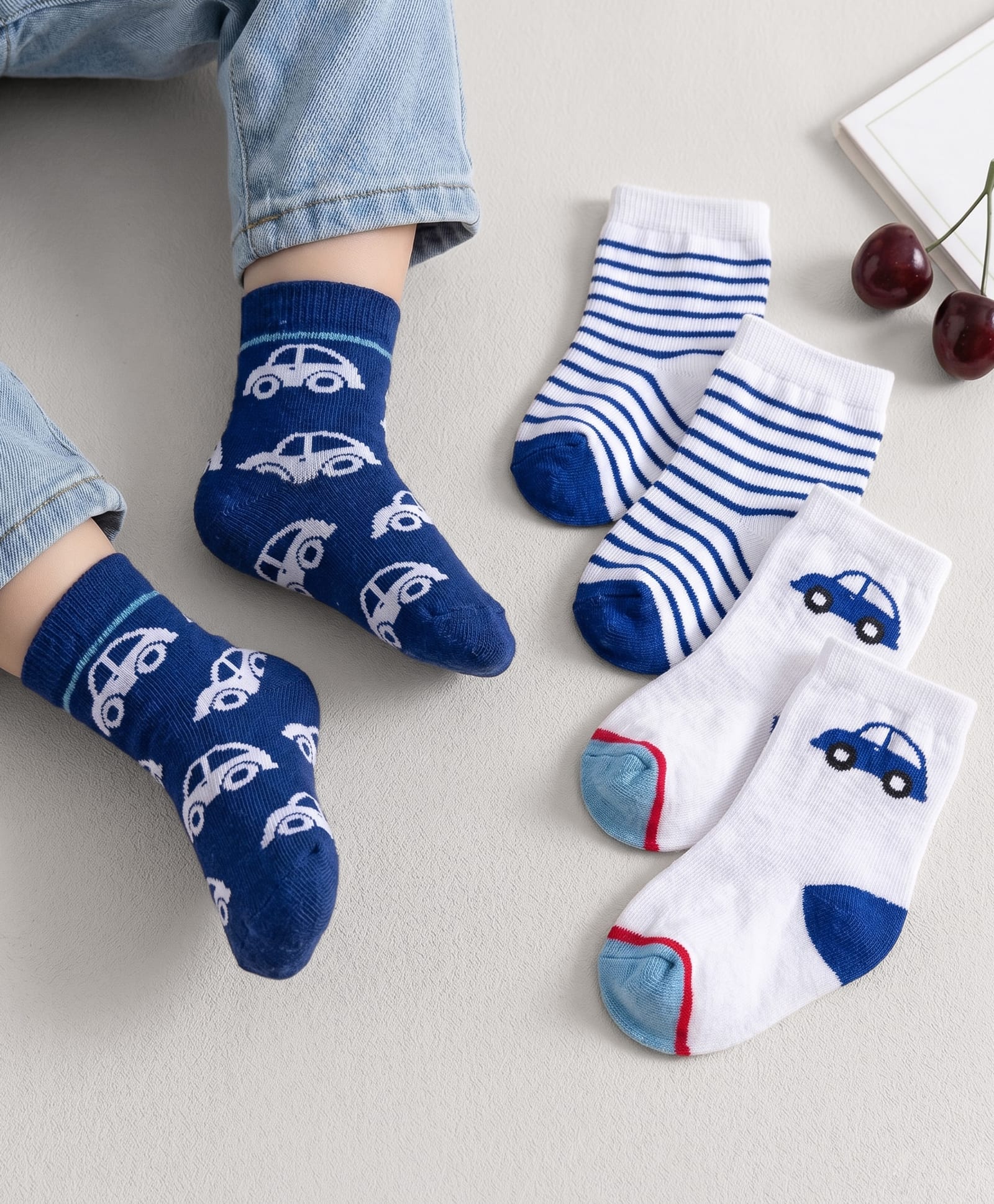 Cute Walk by Babyhug Knit Ankle Length Antibacterial Socks With Stripes & Vehicle Print Pack Of 3 - Blue & White-image-25