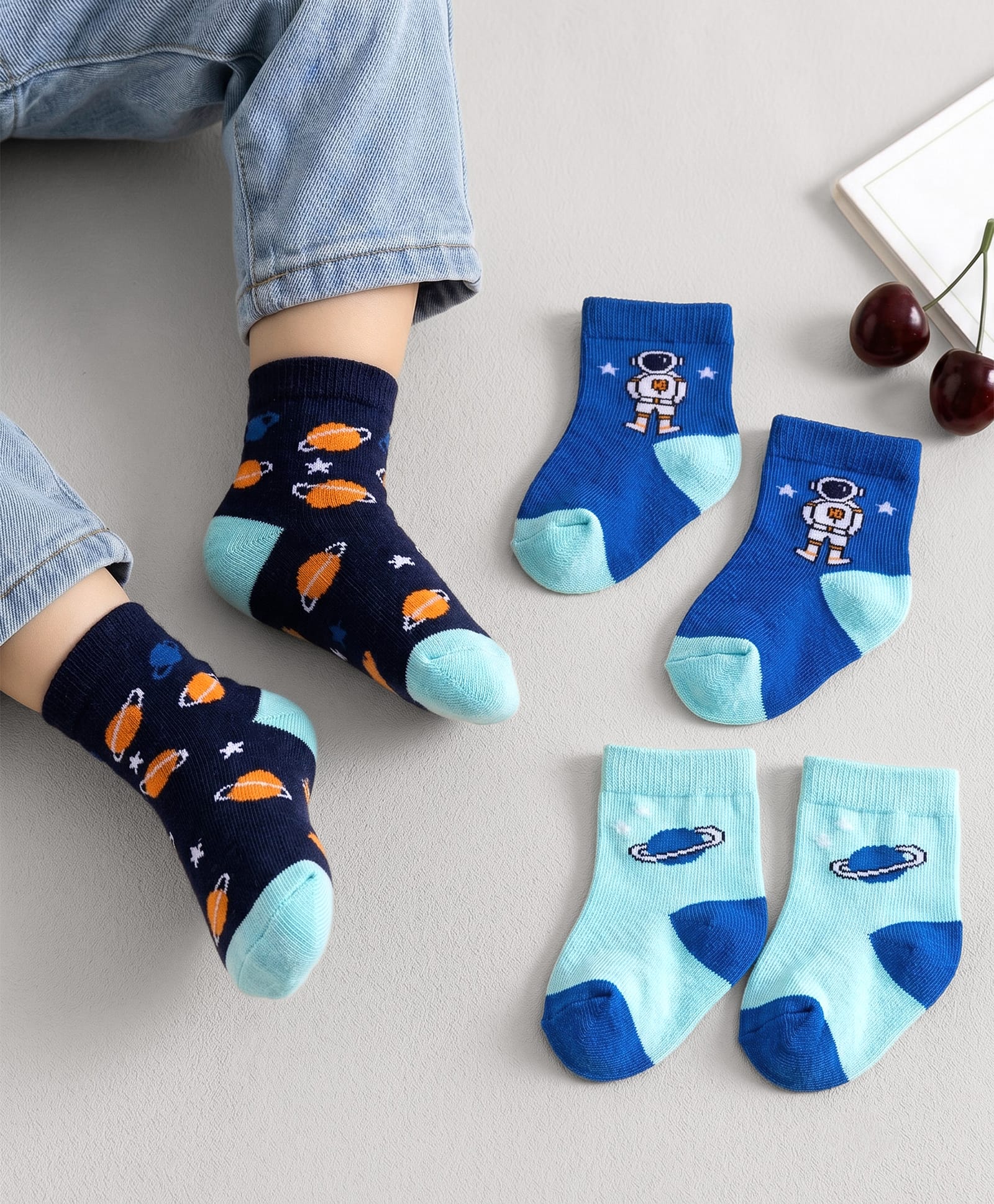 Cute Walk by Babyhug Knit Ankle Length Antibacterial Socks With Space Design Pack Of 3 - Navy Blue & Light Blue-image-36